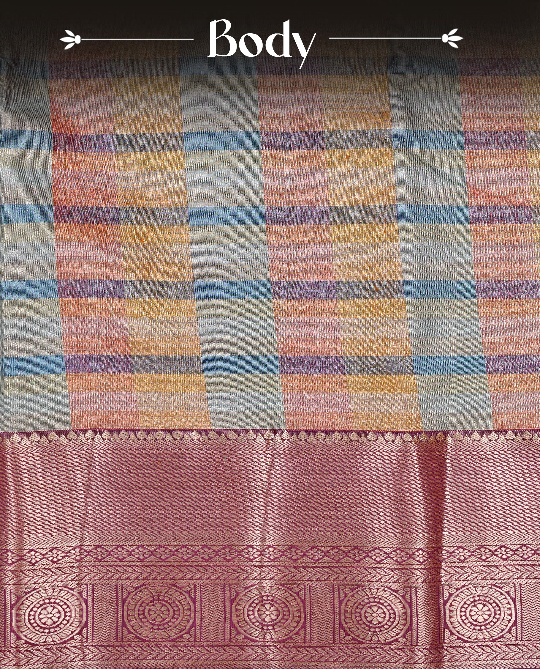 Blue, Red & Yellow Colour Tissue Saree featuring Multi colour Check Design on body, complemented by contrast Burgundy colour with Gold zari border, paired with matching blouse piece.