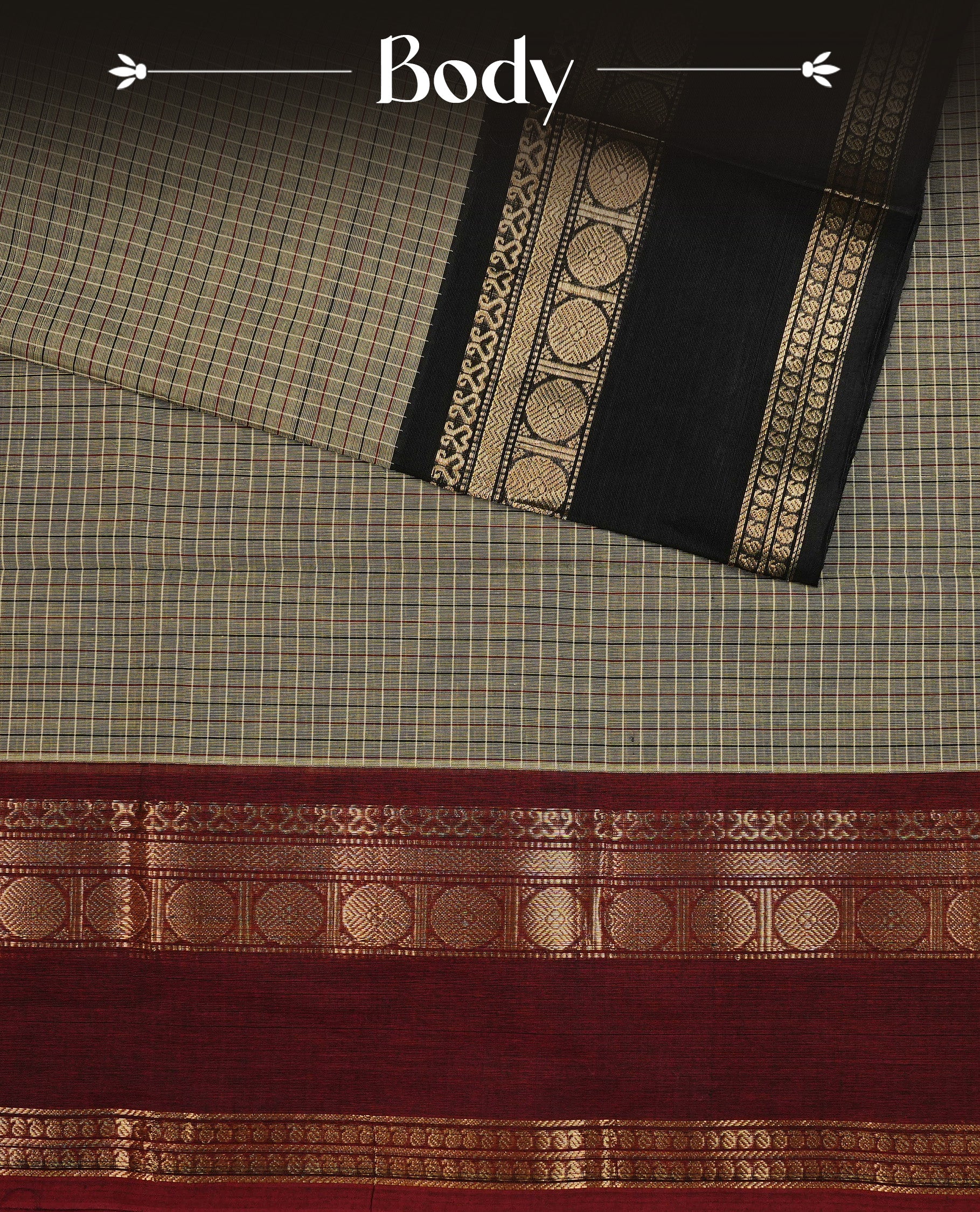 Grey colour chettinad cotton saree featuring Small check pattern on body, complemented by contrast black colour with gold zari border, paired with matching blouse piece.