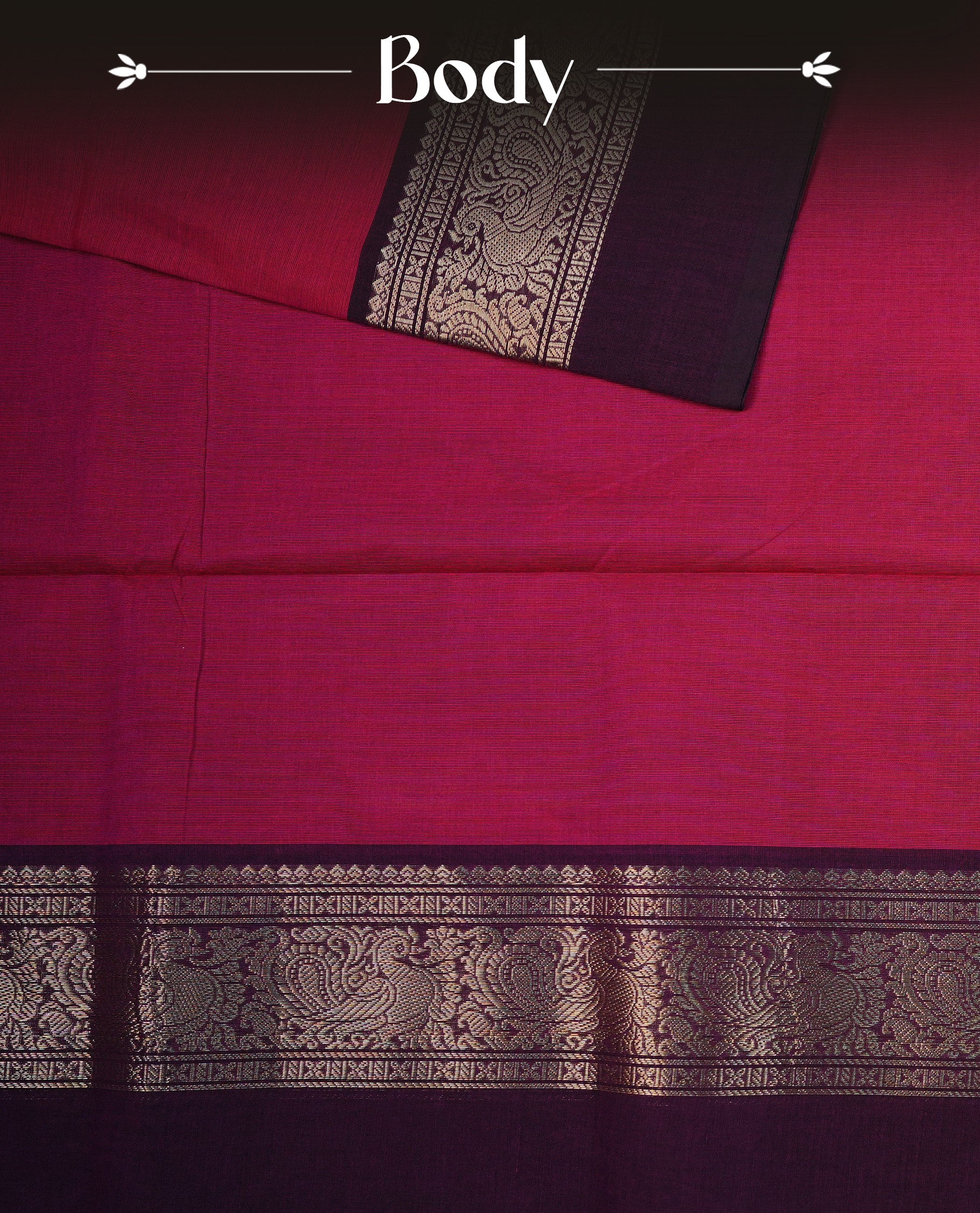 Magenta colour Chettinad Cotton Saree Featuring Plain Body , Complemented By Contrast Wine Colour With  Peacock Gold Zari Border , Paired With Macting  Blouse Piece.