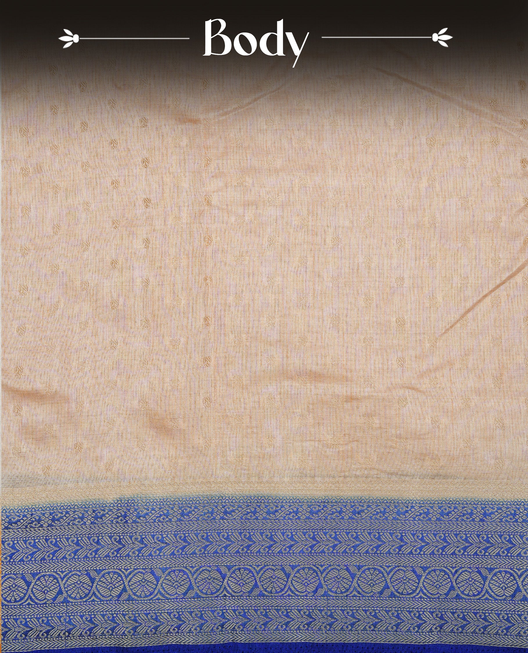 Cream colour Semi Tussar silk saree featuring an Gold zari motifs on body, accentuated by a contrast Blue border adorned with intricate gold zari work, paired with a matching blouse piece.