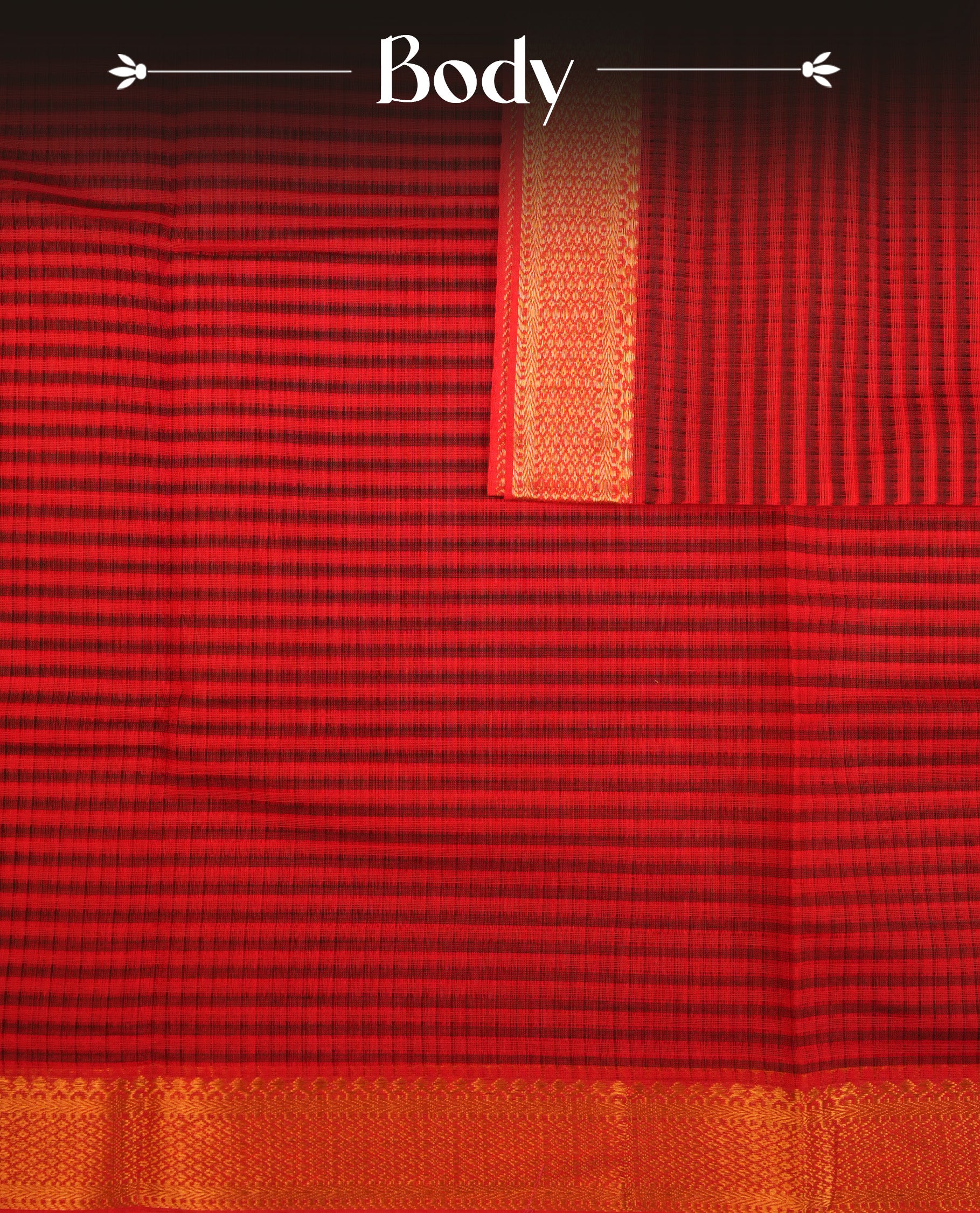 Red  Mangalagiri cotton saree featuring elegant Black stripes On Body , a Two Inch Gold  zari border & pallu, Paired With a matching blouse piece.