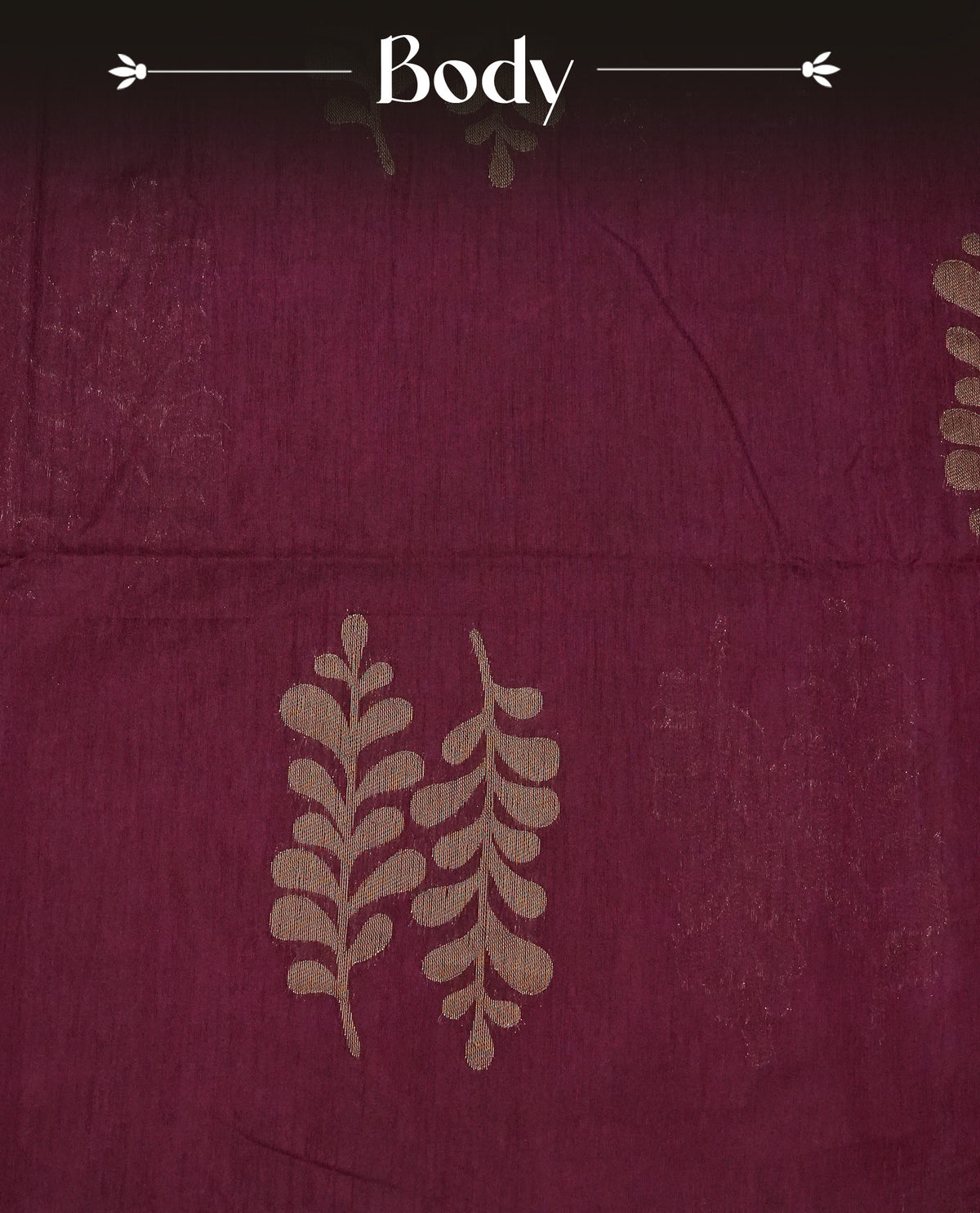 Wine colour semi silk saree featuring Gold zari Leaf pattern on body, complemented by contrast Rust  Orange colour with Gold zari border, comes with matching blouse piece.