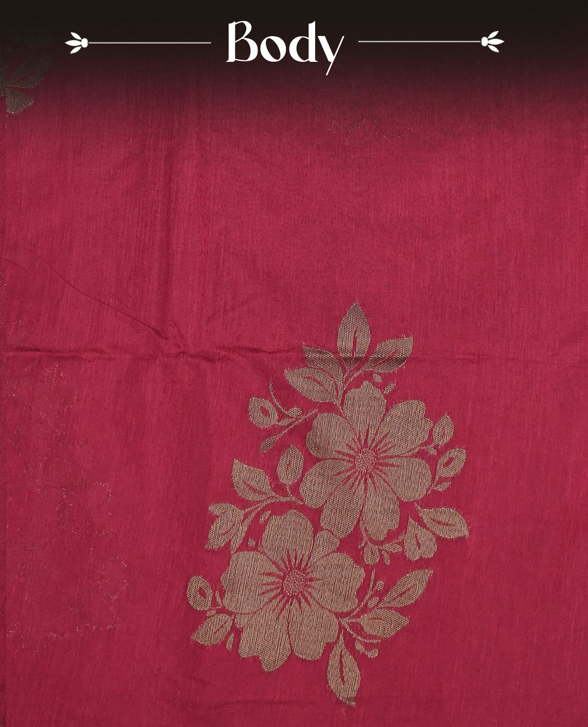 Maroon colour semi linen saree with elegant gold zari floral motifs across the body, complemented by a contrast green colour with grand gold zari pallu and a borderless design, paired with a matching blouse piece.