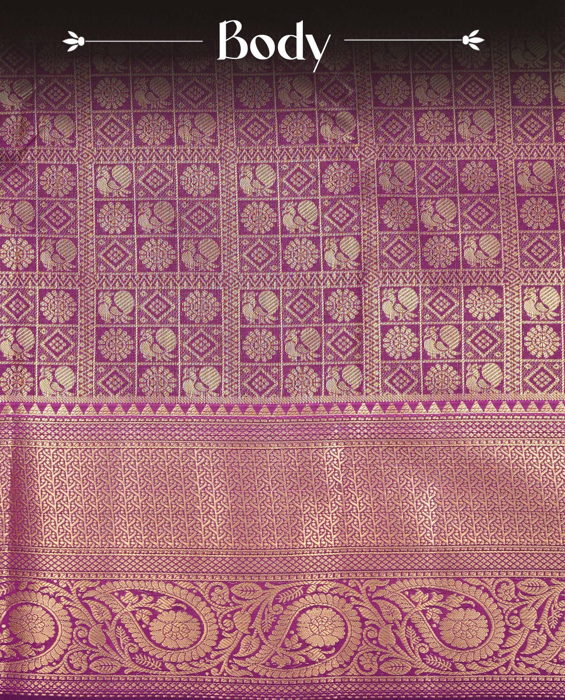 Purple Semi Wedding Silk Saree featuring Gold Zari Check with Motifs On body, Complemented with traditional zari with Self colour border, paired with matching blouse piece.