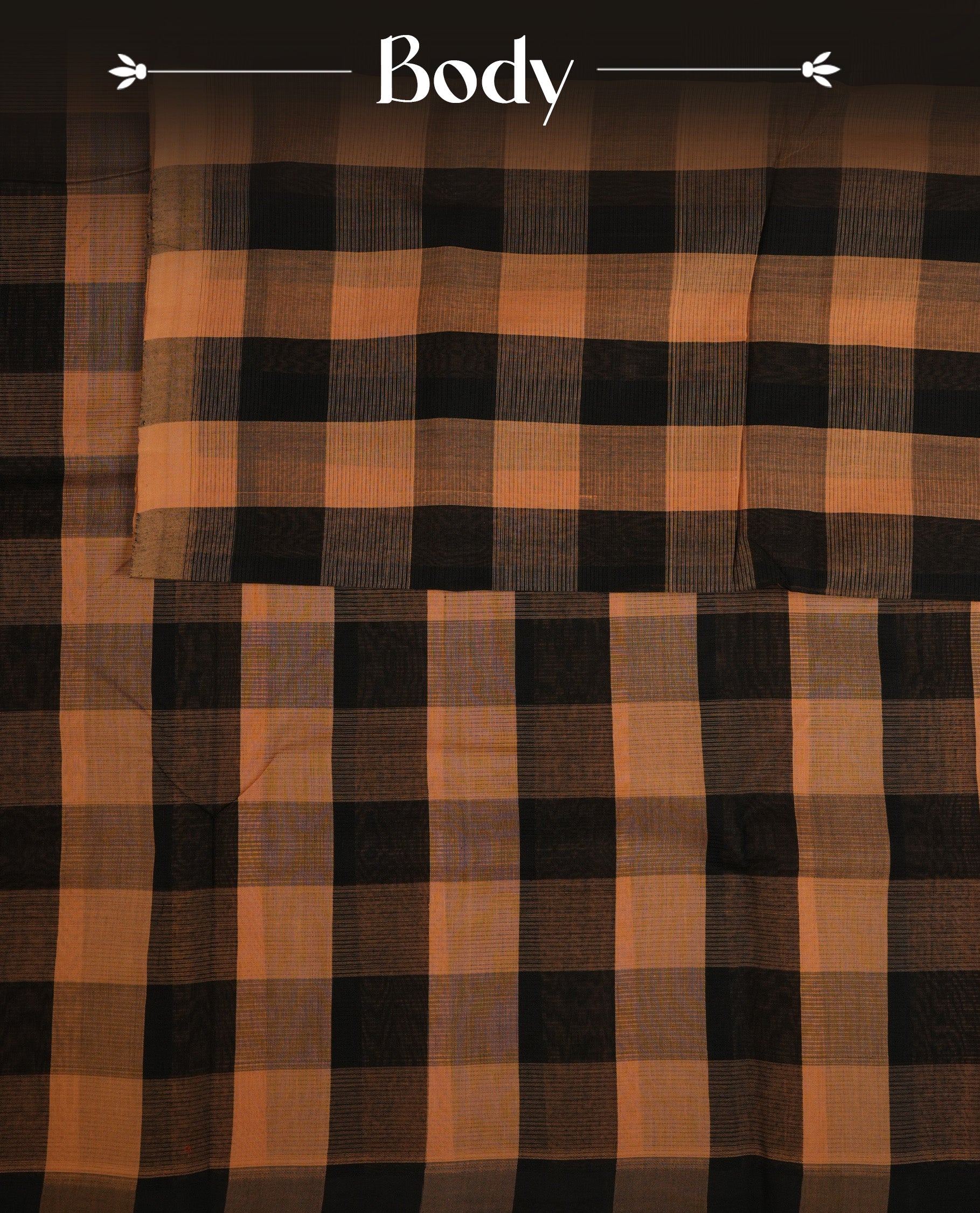 Black & Light Brown  Colour Mangalagiri cotton saree  Featuring Large  Check Pattern On Body , WithOut border & Contrast Striped Pallu. Paired with a matching blouse piece