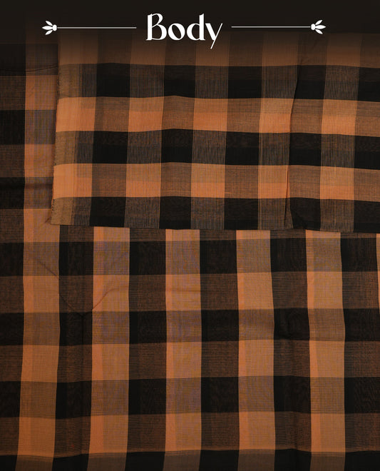 Black & Light Brown  Colour Mangalagiri cotton saree  Featuring Large  Check Pattern On Body , WithOut border & Contrast Striped Pallu. Paired with a matching blouse piece
