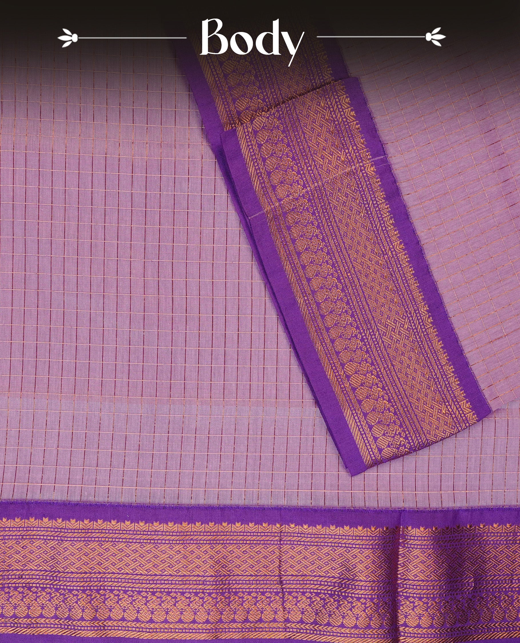 Lavender colour Kalyani cotton saree featuring Gold zari check pattern on body, complemented by Contrast Violet colour with grand gold zari border & pallu, matching blouse piece