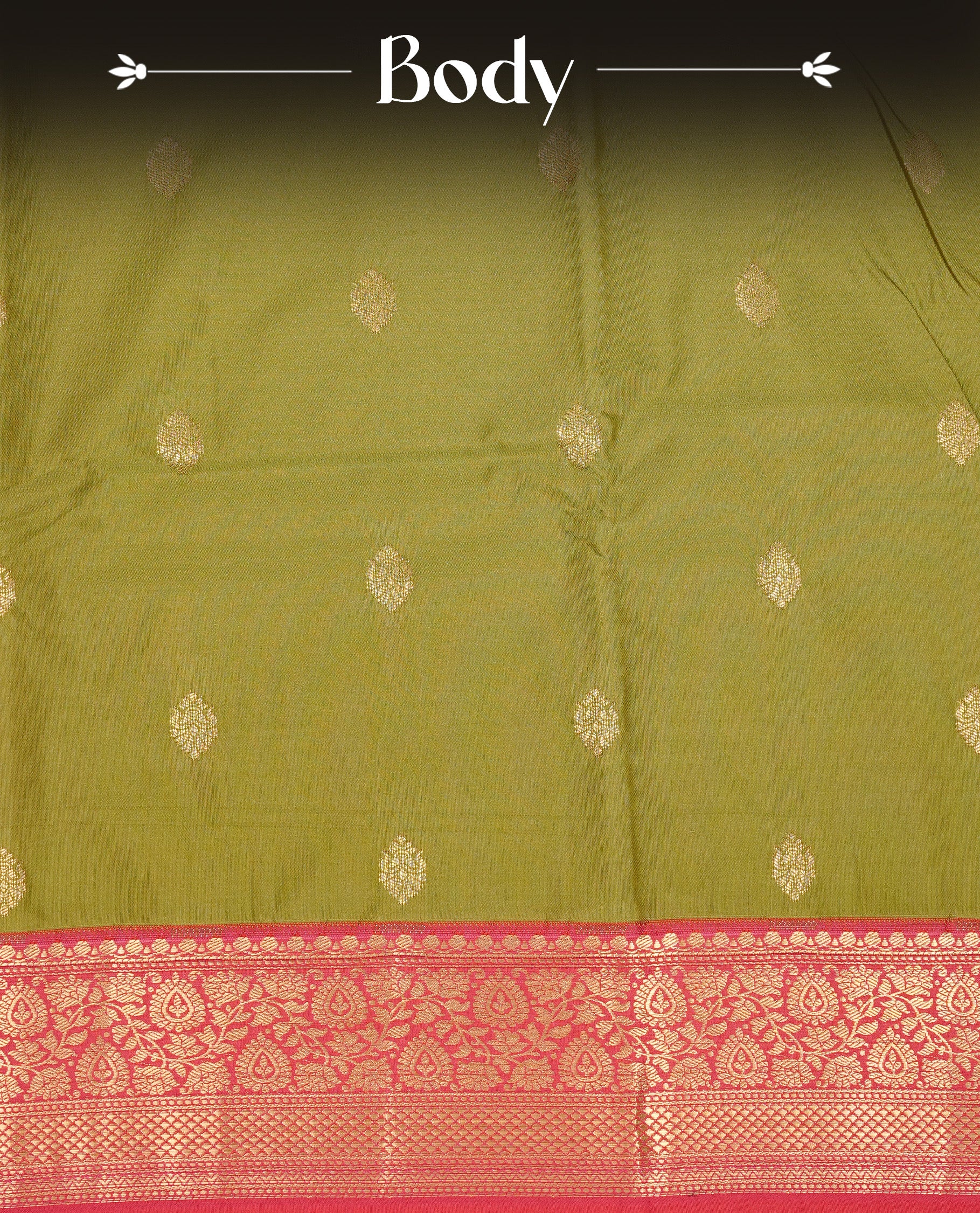 Olive colour semi Wedding silk saree featuring Gold zari motifs on body, enhanced with Contrast red colour with traditional border, paired with matching blouse piece.