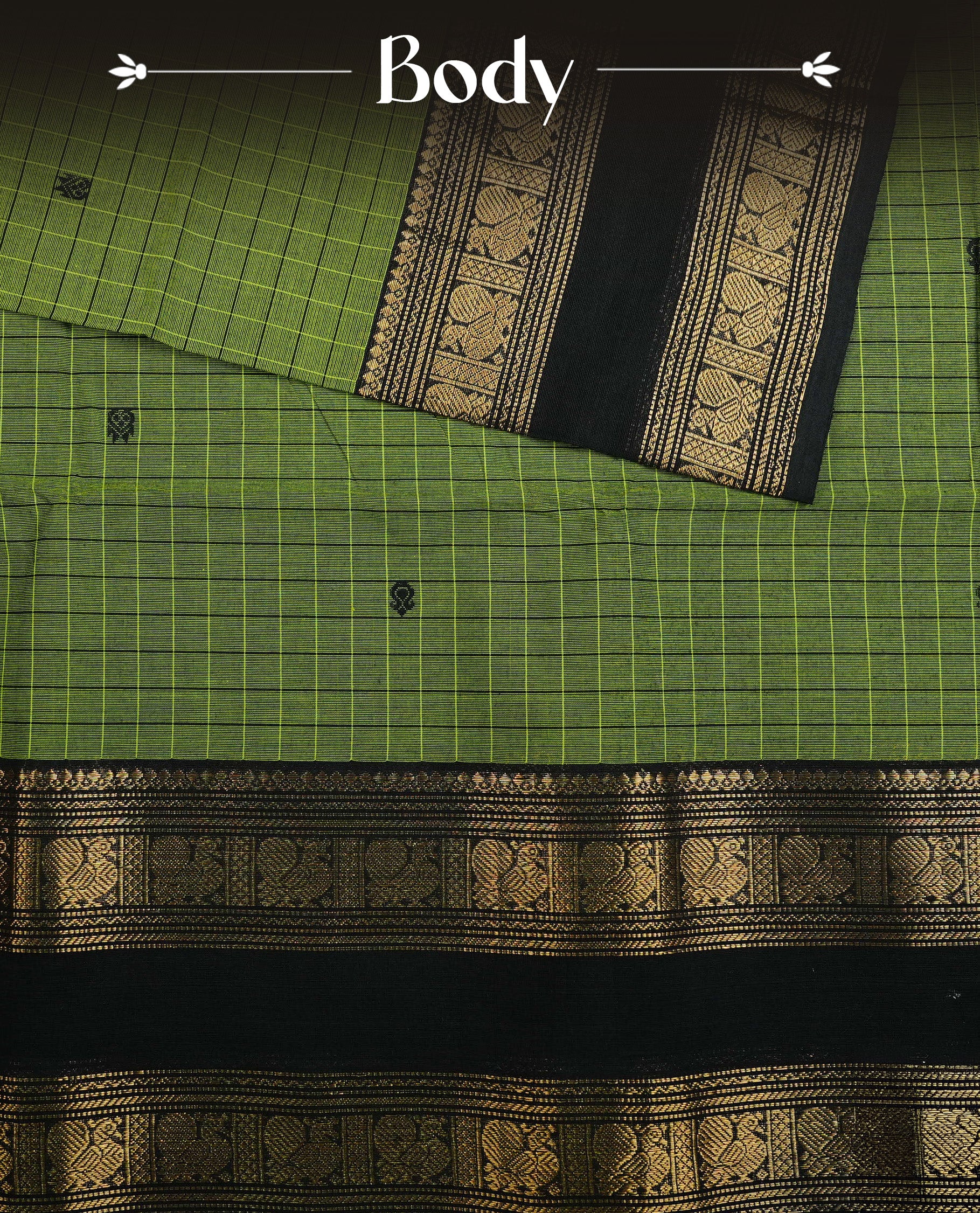 Green colour chettinad cotton saree featurign black Check pattern with Motifs on body, complemented by contrast Black With gold zari border, paired with matching blouse piece.