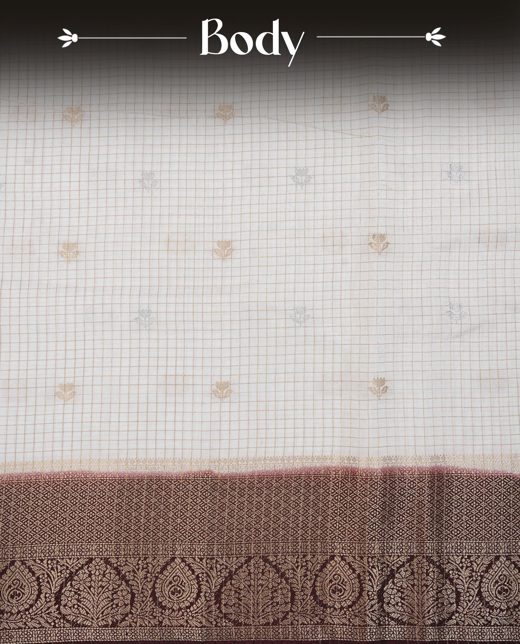 Semi Banaras Tussar Saree Featuring Gold Zari Check With Floral Pattern On Body , Chocolate Brown Colour  With Gold Zari Border , Paired With  A Matching Blouse Piece.