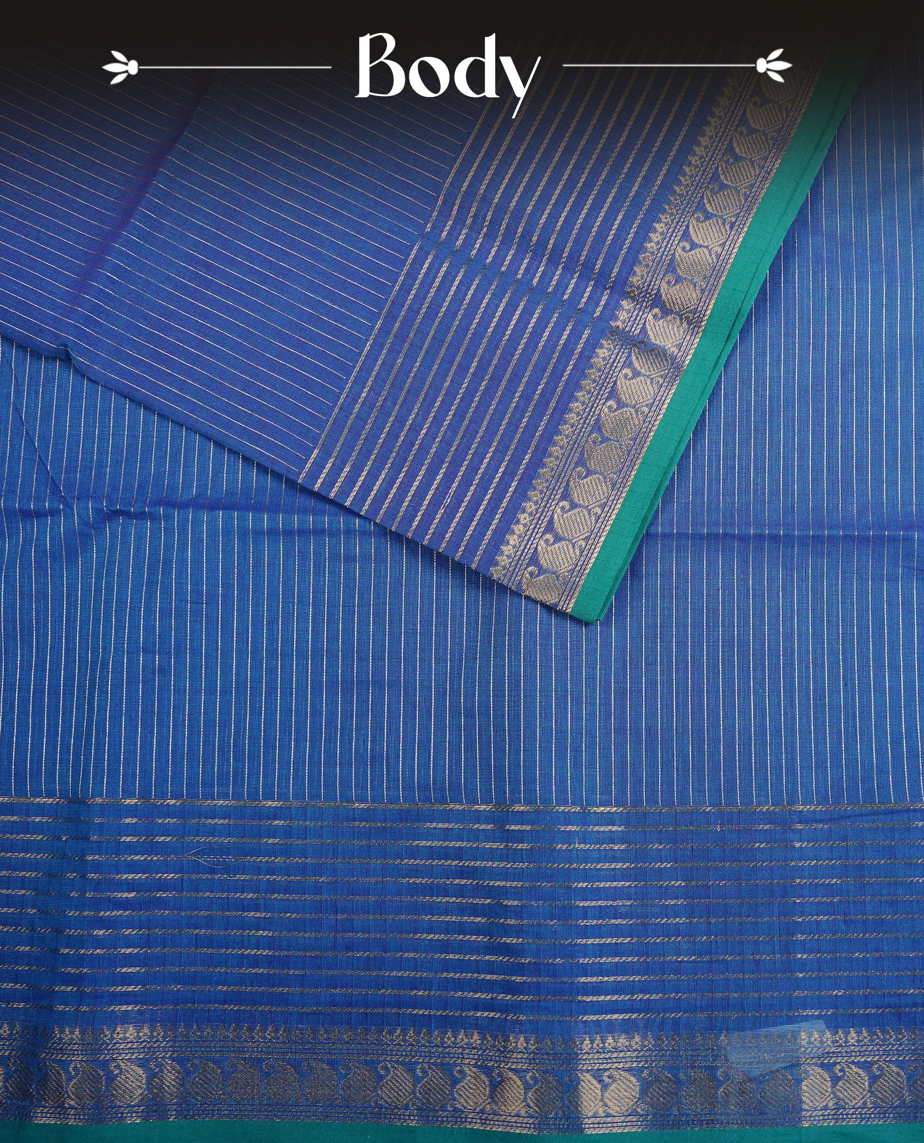Blue colour chettinad cotton saree featuring Gold zari Stripes on body. complemented by Gold zari stripe & Mango patterned border with Teal piping, paired with matching blouse piece
