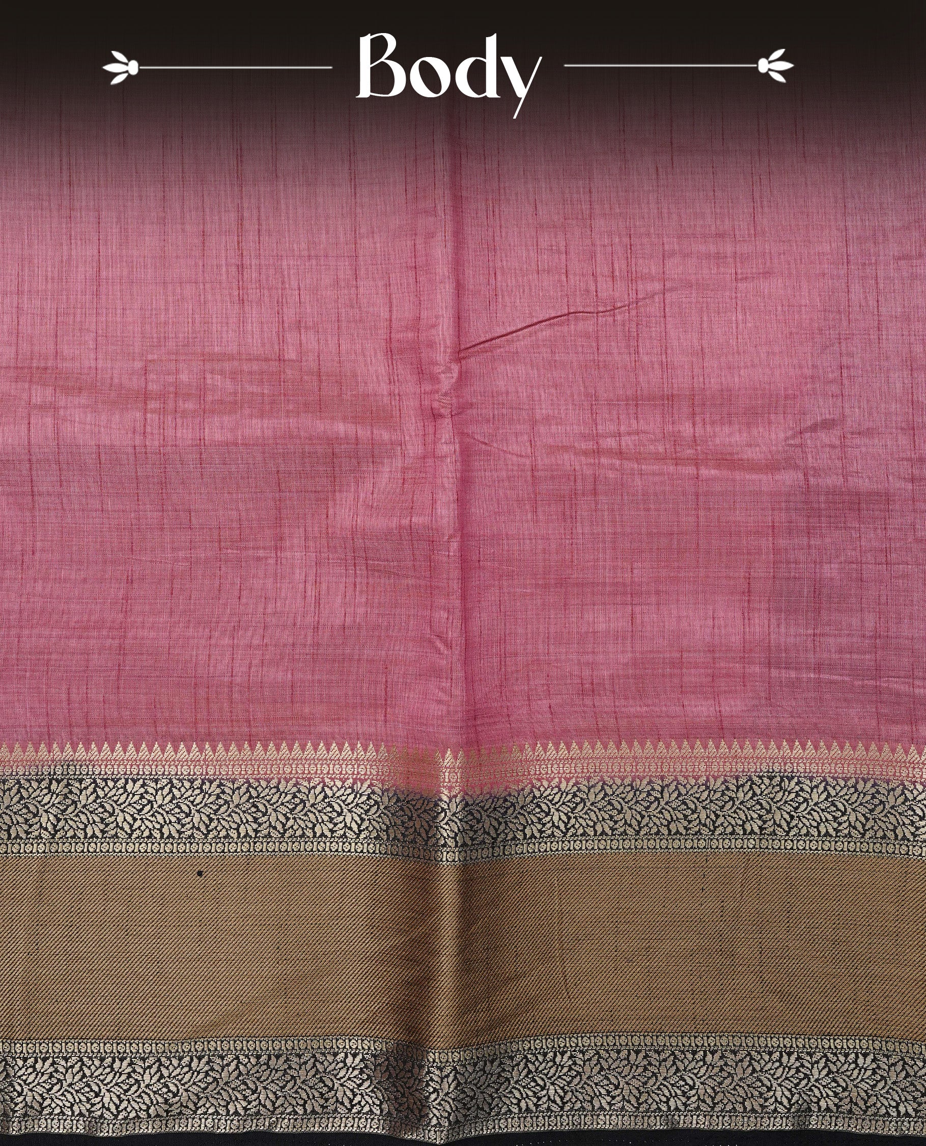Mauve colour Tussar saree featuring Gold zari buttas on body, complemented by contrast Black & olive Colour with Gold zari border, comes with matching blouse piece.