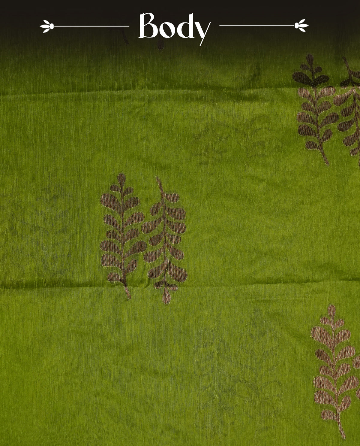 Green colour semi silk saree featuring Gold zari Leaf pattern on body, complemented by contrast colour with Gold zari border, comes with matching blouse piece.