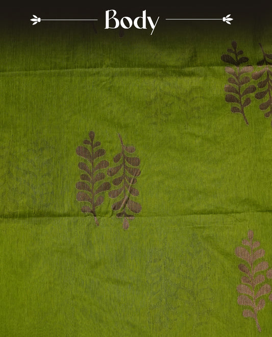 Green colour semi silk saree featuring Gold zari Leaf pattern on body, complemented by contrast colour with Gold zari border, comes with matching blouse piece.
