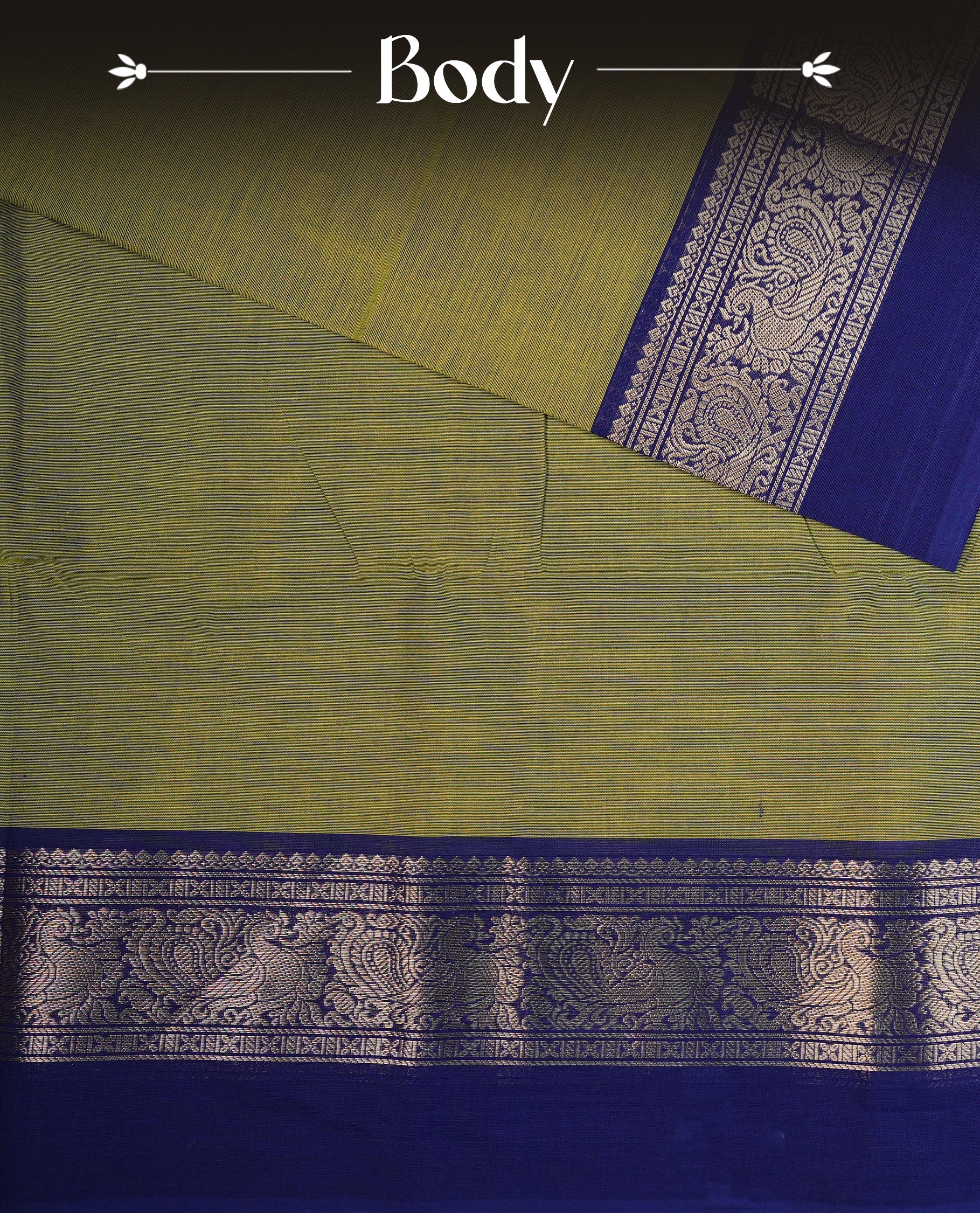 Green colour Chettinad cotton saree featuring Elegant plain body, complemented by contrast blue colour with Gold zari peacock pattern on body, paired with matching blouse piece.