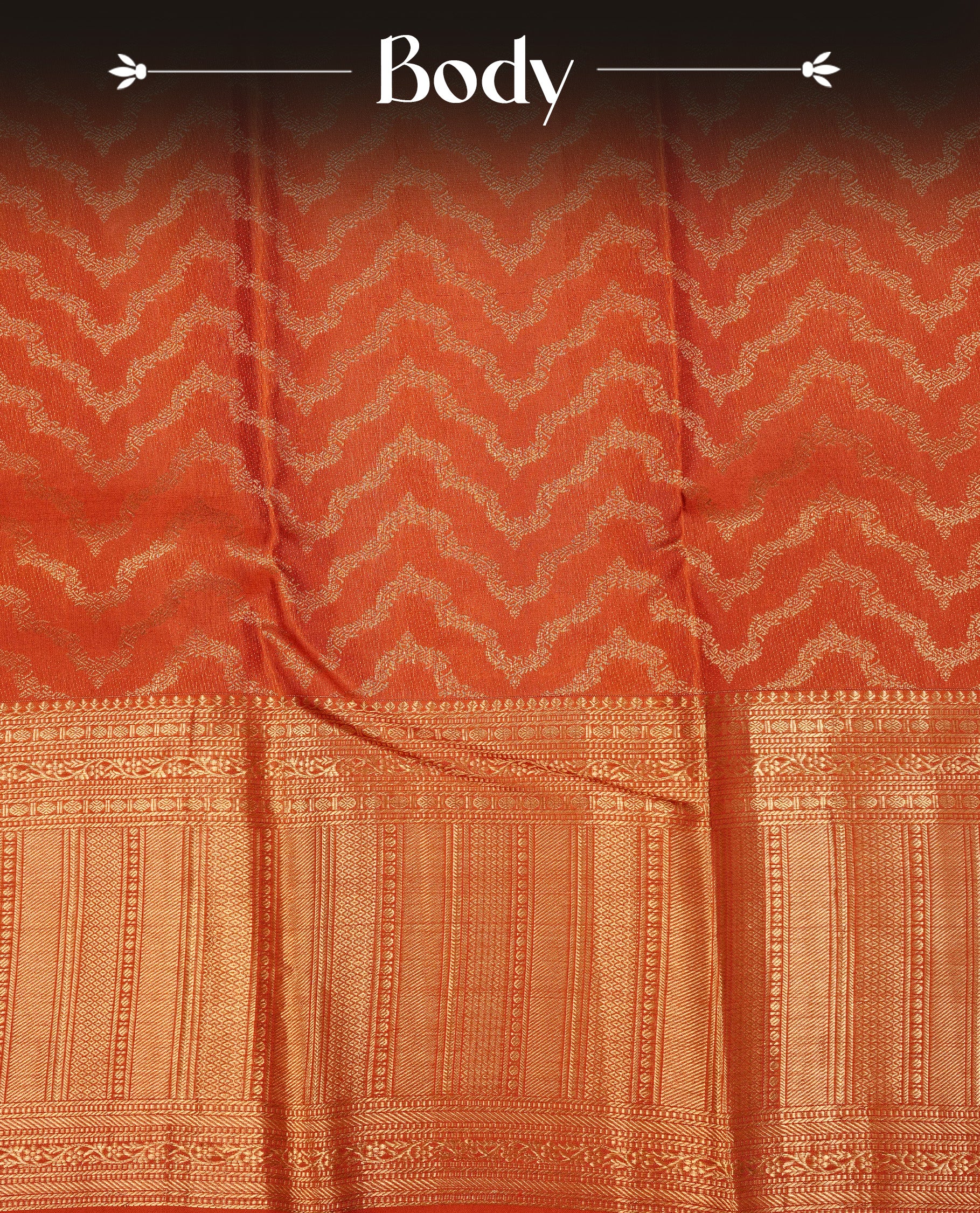 Coral Orange  Colour Pure Kancheepuram Silk Saree Featuring Gold Zari Zig Zag  Pattern on the Body, Highlighting a Traditional Gold Zari Border, Paired with a Matching Blouse Piece.