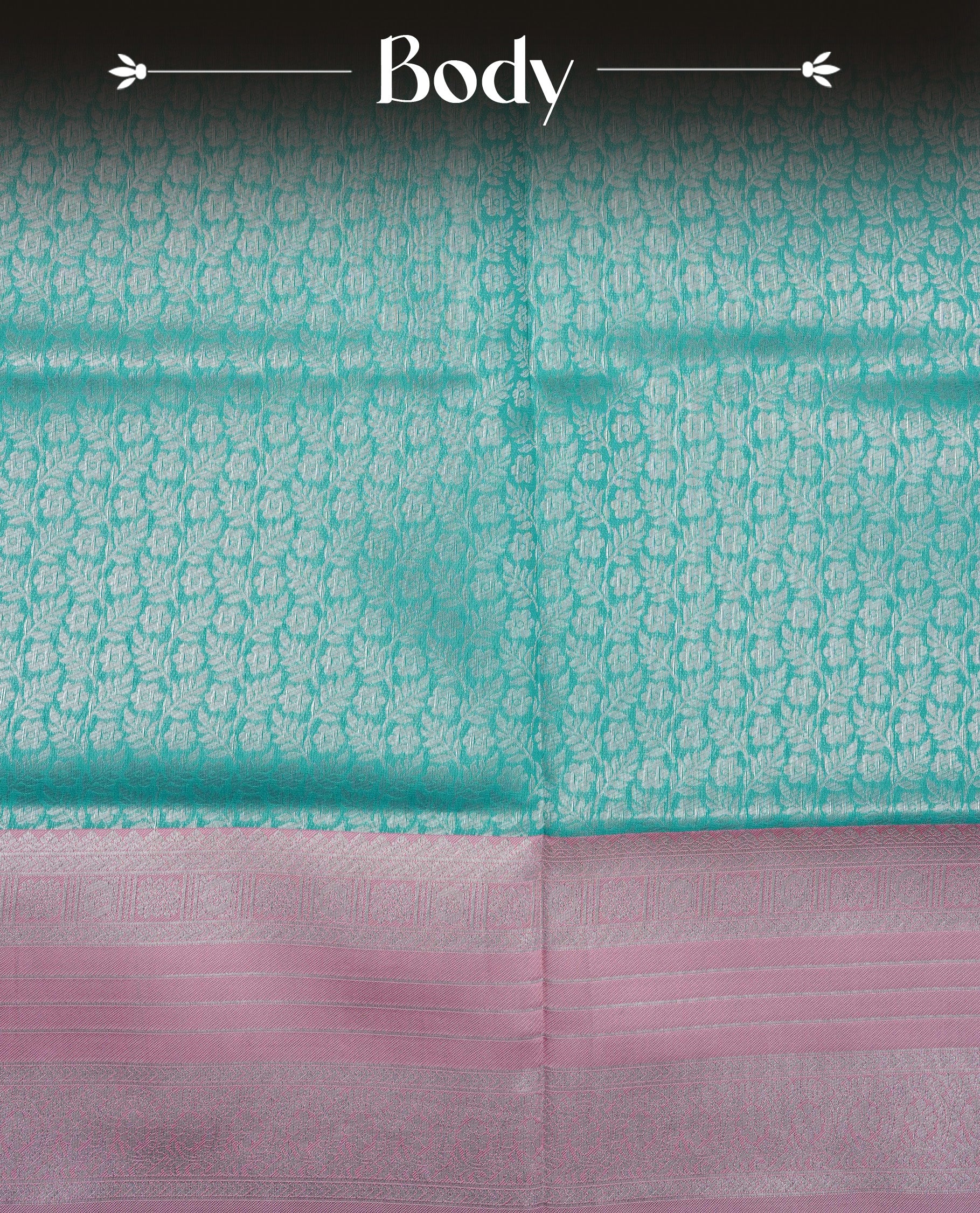 Aqua colour semi silk saree featuring Silver zari Floral pattern on body, complemented by contrast peach colour with silver zari border, comes with matching blouse piece.