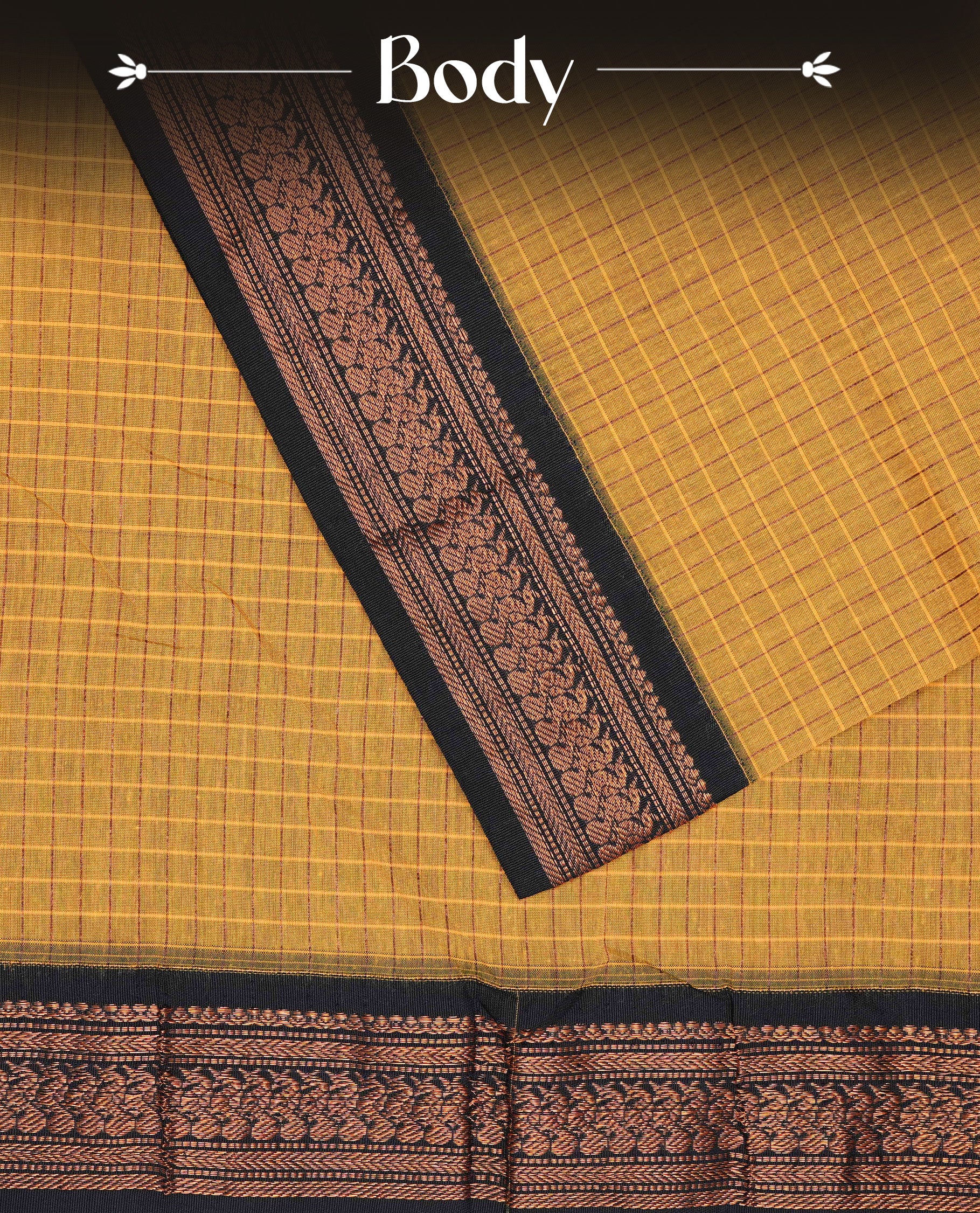 Yellow colour Kalyani cotton saree featuring Gold zari check pattern on body, complemented by Contrast Navy Blue colour with grand gold zari border & pallu, matching blouse piece