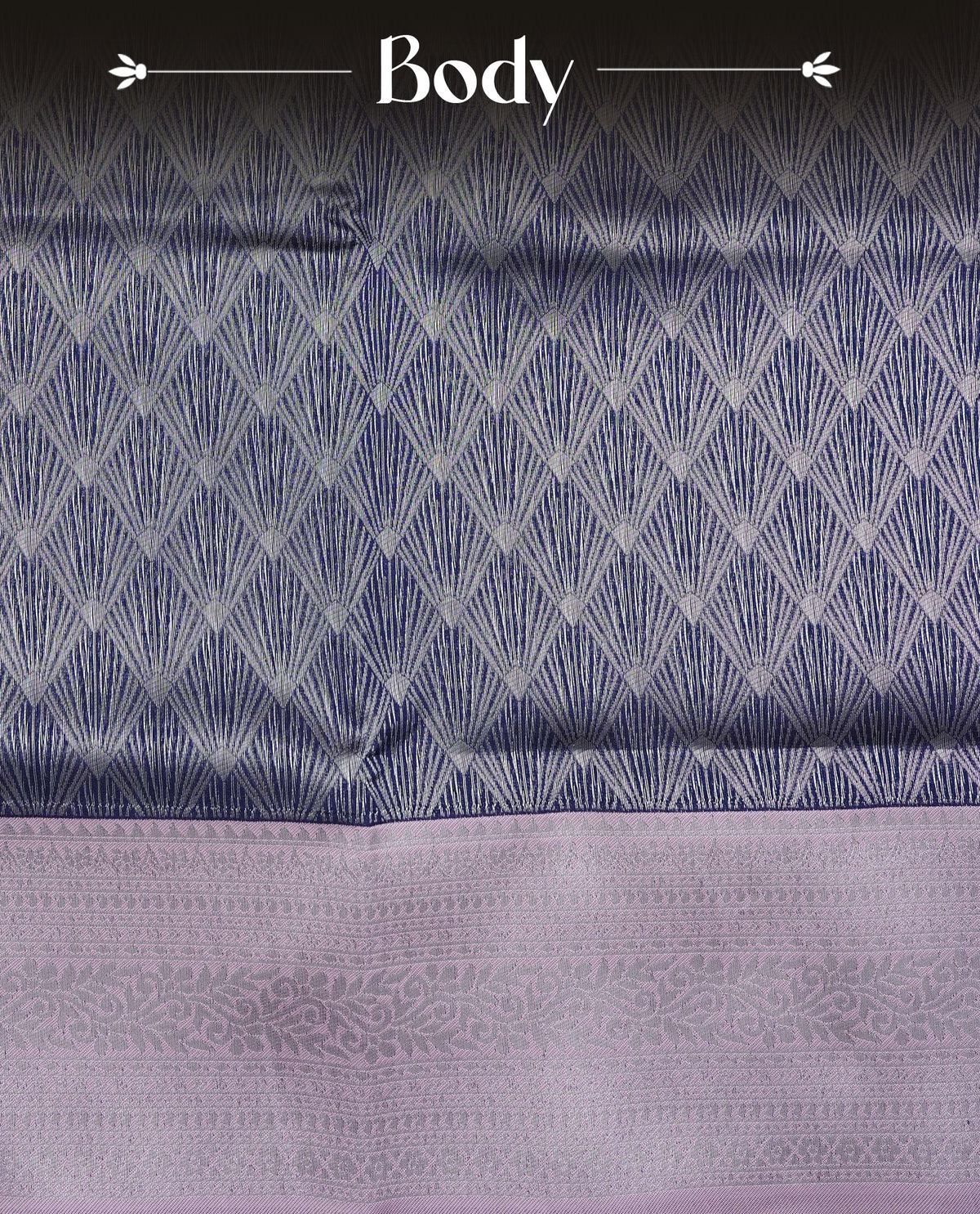 Navy blue colour semi silk saree featuring Silver zari Design pattern on body, complemented by contrast Pink colour with silver zari border, comes with matching blouse piece