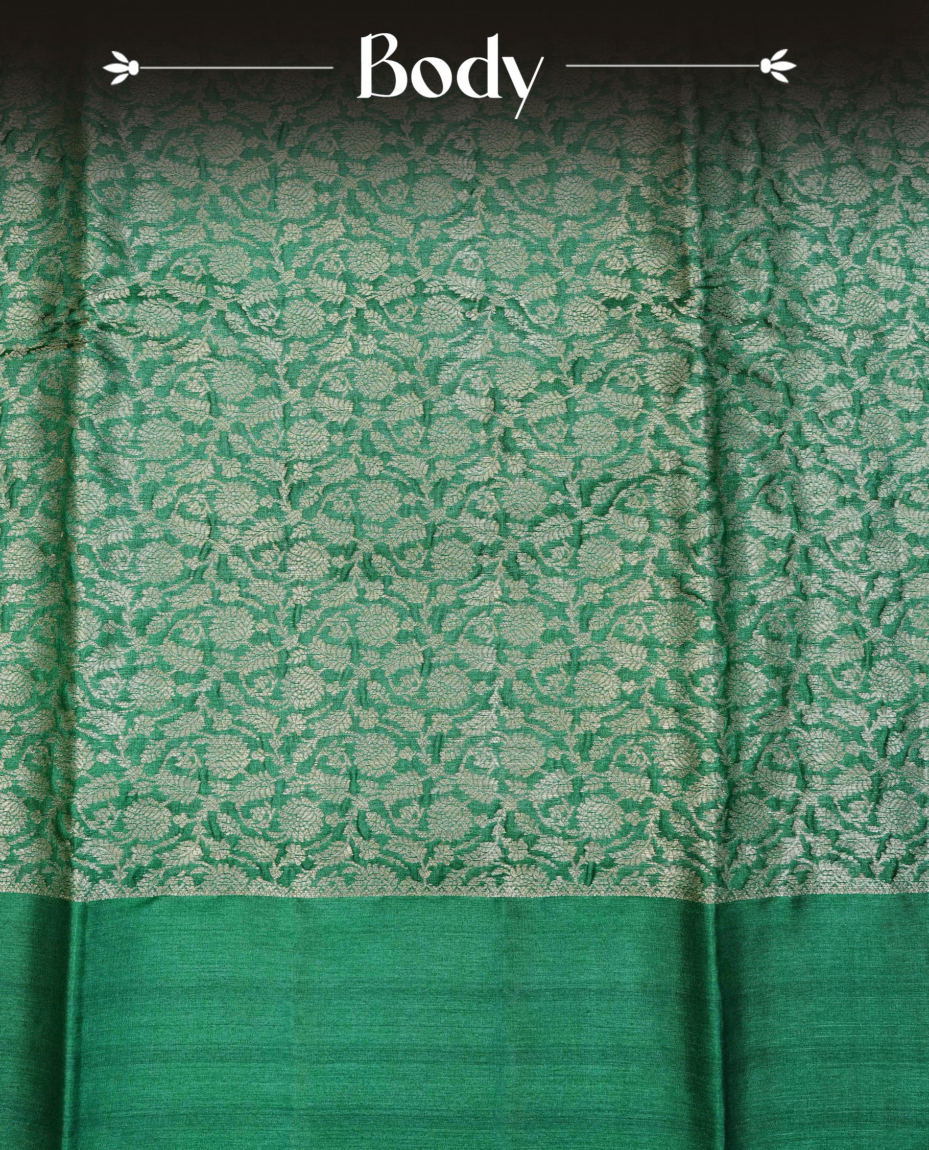 Green  colour pure tussar silk saree featuring light gold zari floral kodi work on the body, a plain border, grand pallu, Paired With  a matching blouse piece.