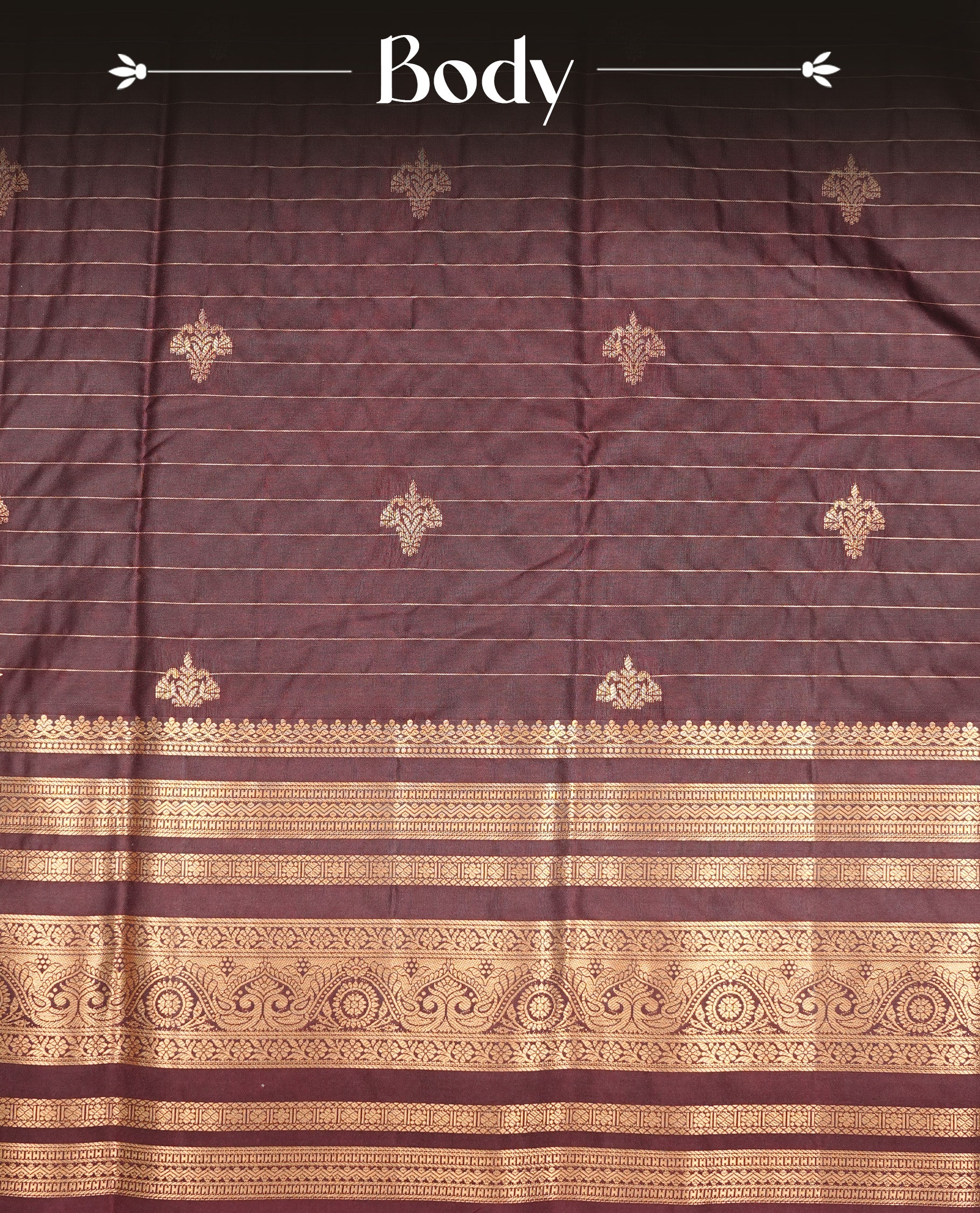 Dark Chocolate Colour Wedding Silk Saree Featuring Gold zari stripes on body, complemented by traditional Zari pattern on self colour border, paired with matching blouse piece.