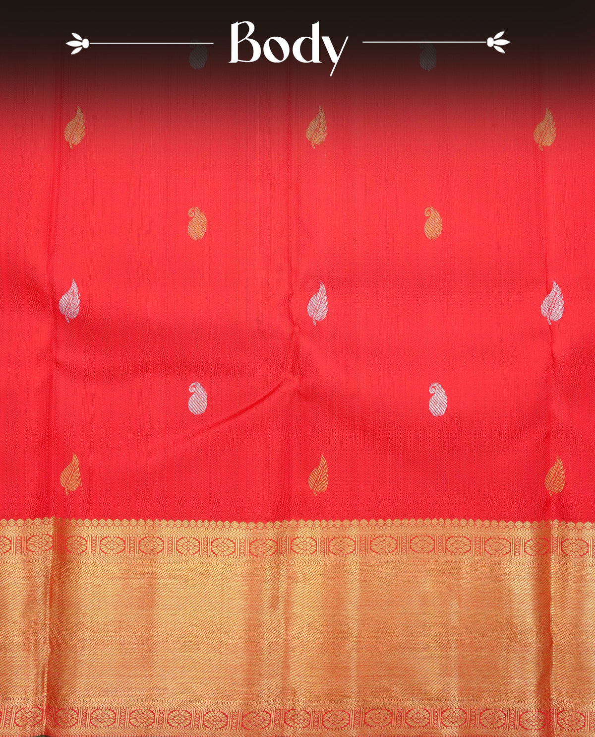 Red colour Traditional kancheepuram silk saree featuring Self colour design body with gold & silver zari buttas, complemented by Self colour with traditional border and green piping , comes with matching blouse piece.