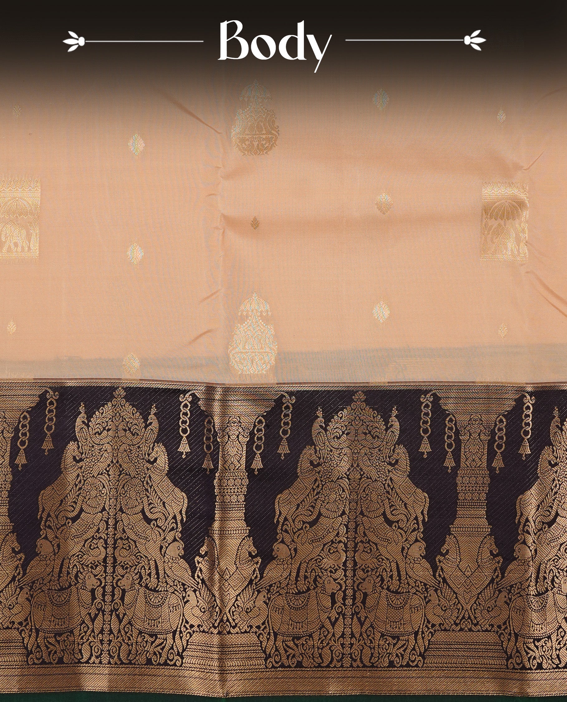Cream colour Traditional Kancheepuram silk saree featuring gold zari motifs on body, enhanced with contrast Black with traditional border with green piping, paired with matching blouse piece.