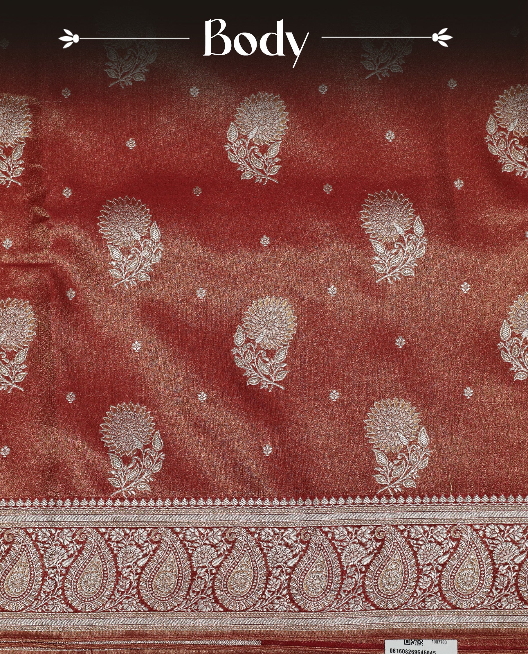 Red colour Mulberry silk saree featuring Gold zari small buttas & floral motifs  on body, complemented by self colour with Gold zari border, comes with matching blouse piece.