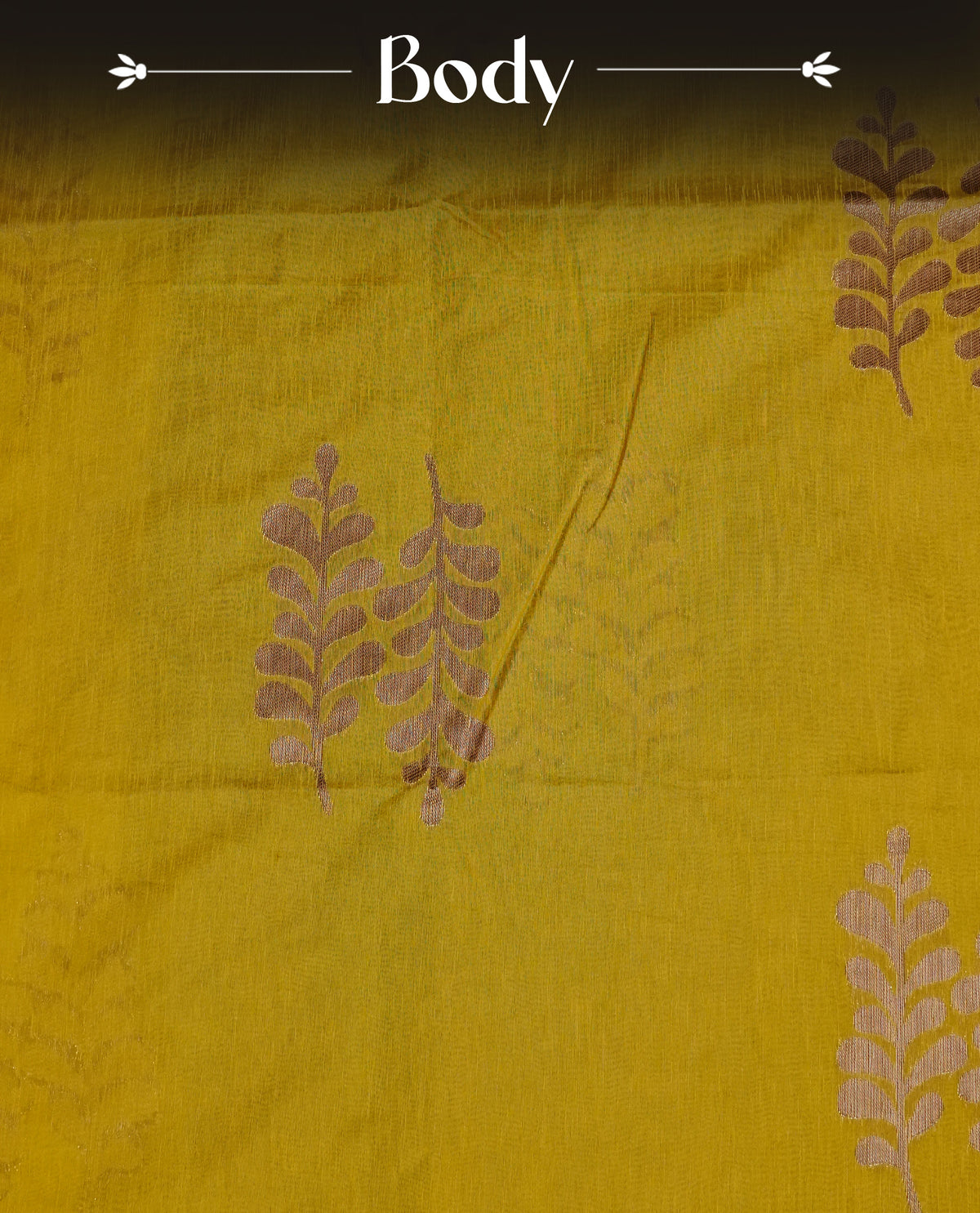 Mustard yellow colour semi linen saree with elegant gold zari Leaf motifs across the body, complemented by a contrast forest Green colour with grand gold zari pallu and a borderless design, paired with a matching blouse piece.