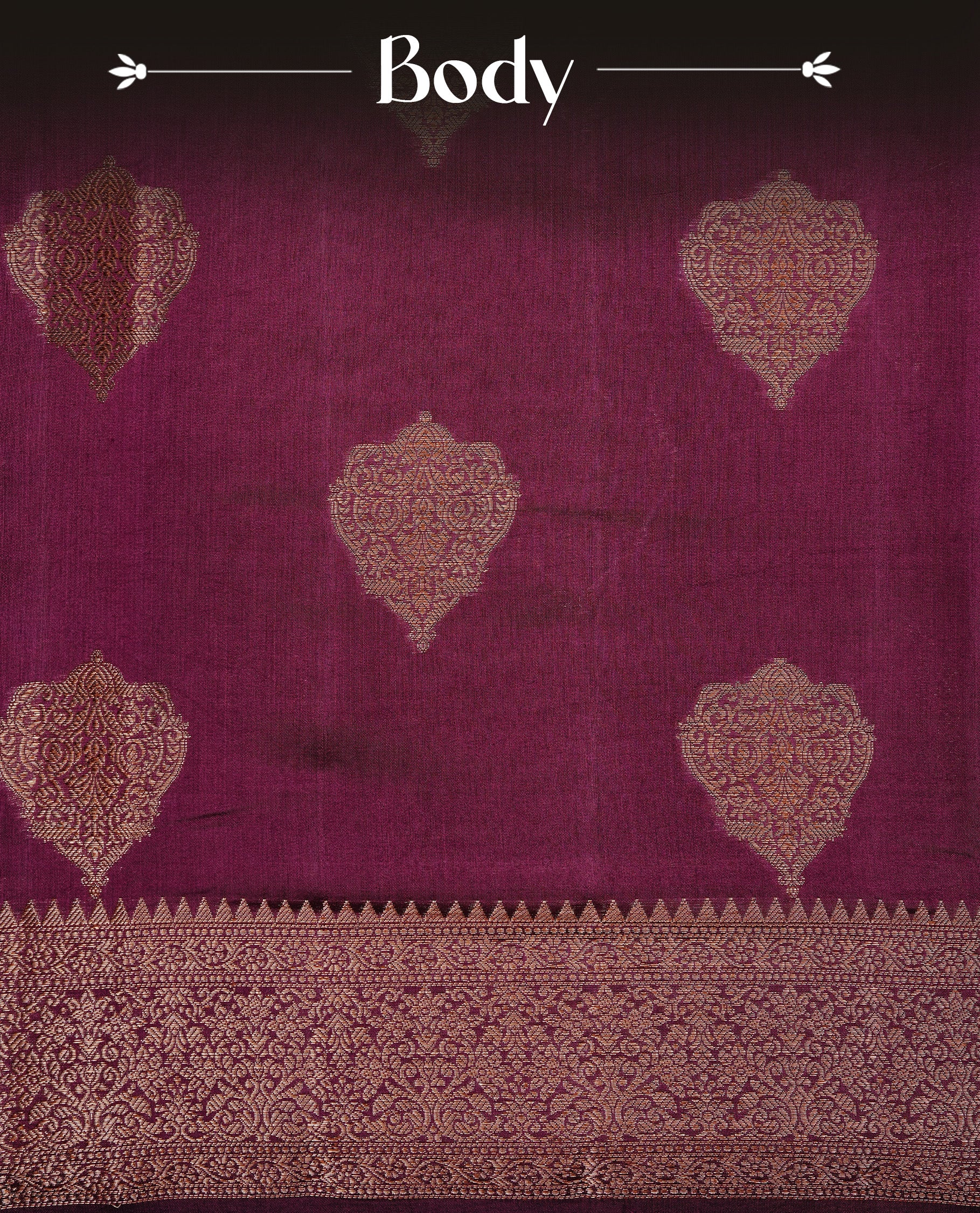 Burgundy Colour Pure Banaras Soft Silk saree featuring Antique Zari buttas in body, complemented by zari work on self colour border, paired with matching Blouse Piece.