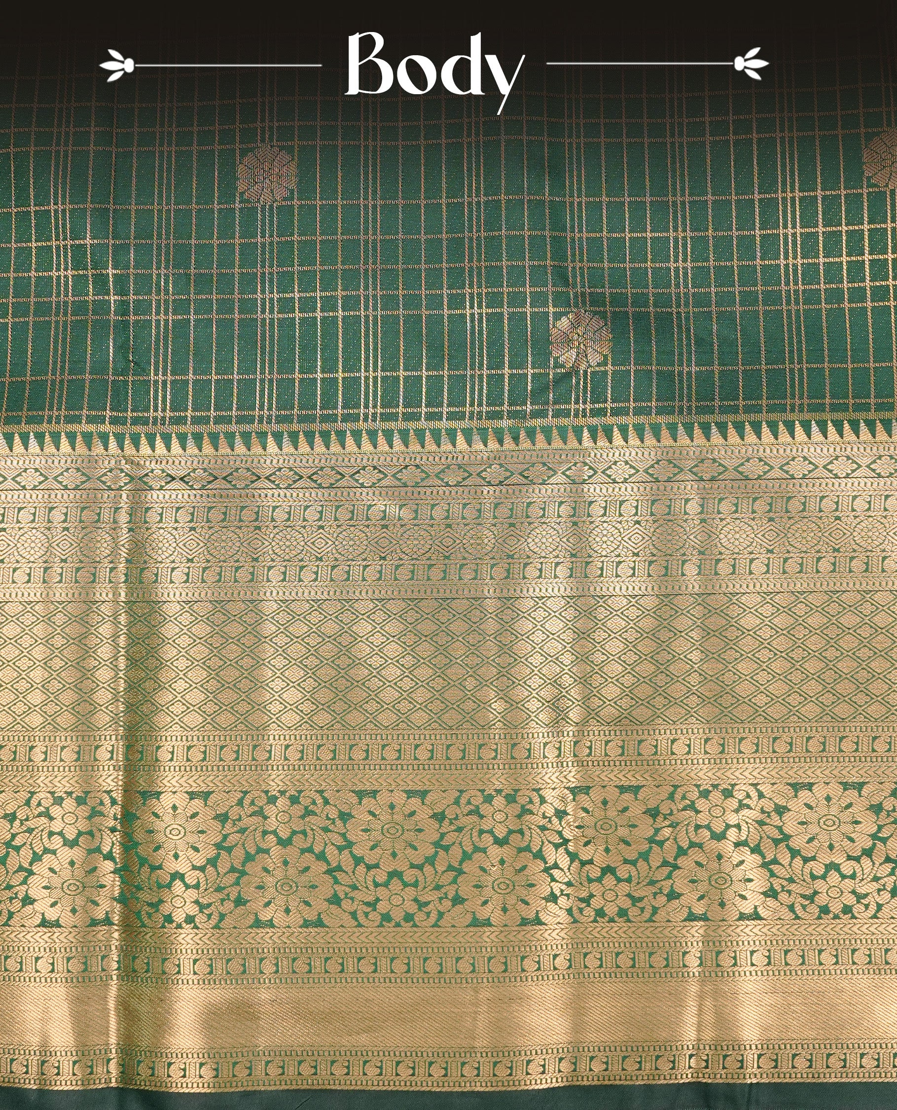Green Semi Wedding Silk Saree featuring Gold Zari Check with Motifs On body, Complemented with traditional zari with Self colour border with, paired with matching blouse piece.