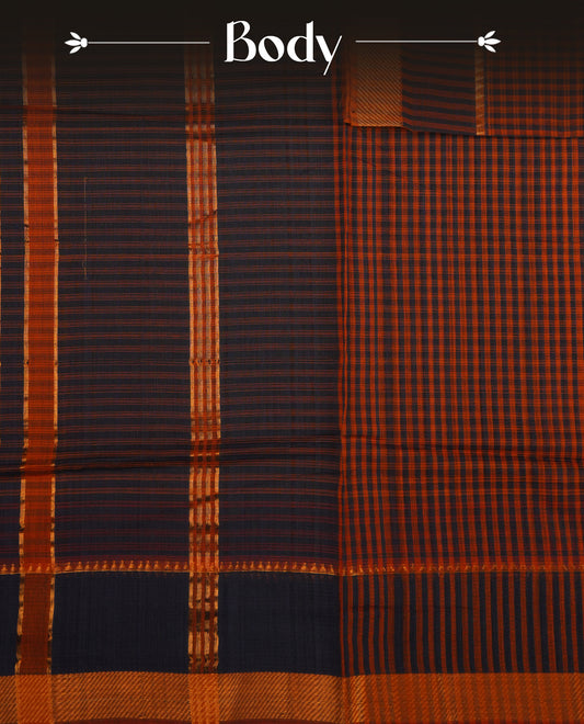 Light Brown  Colour Mangalagiri cotton saree featuring elegant Blue Checks  Across The Body , a Two Inch Gold  zari border & Gold Zari Pallu, Paired With a matching blouse piece.