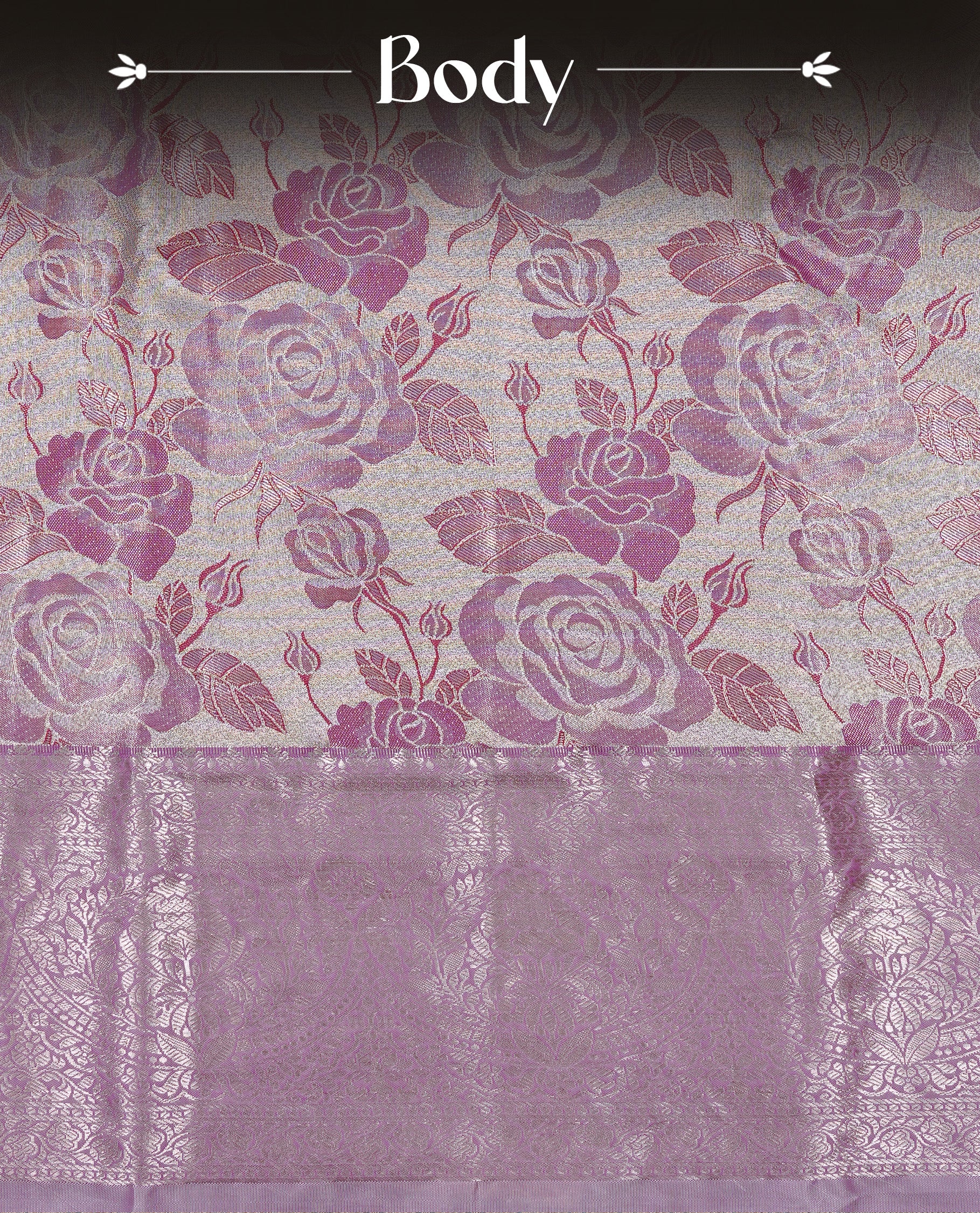 Light Gold colour Tissue silk saree featuring Pink colour floral zari motifs on body, complemented by contrast Lavender with Gold zari border, paired with matching blouse piece.