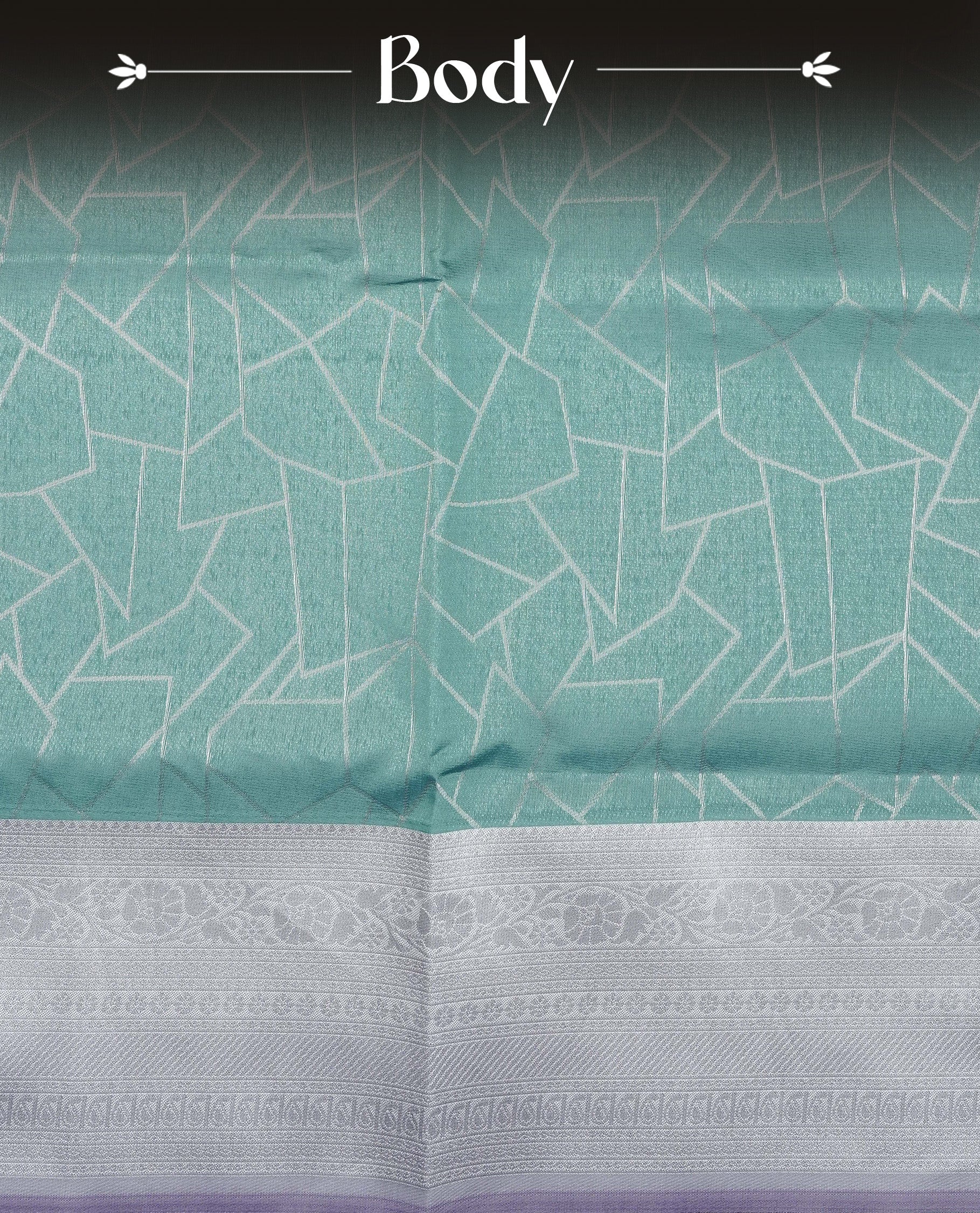 Sea green colour semi silk saree featuring Silver zari Geometric pattern on body, complemented by contrast Lavender colour with silver zari border, comes with matching blouse piece.