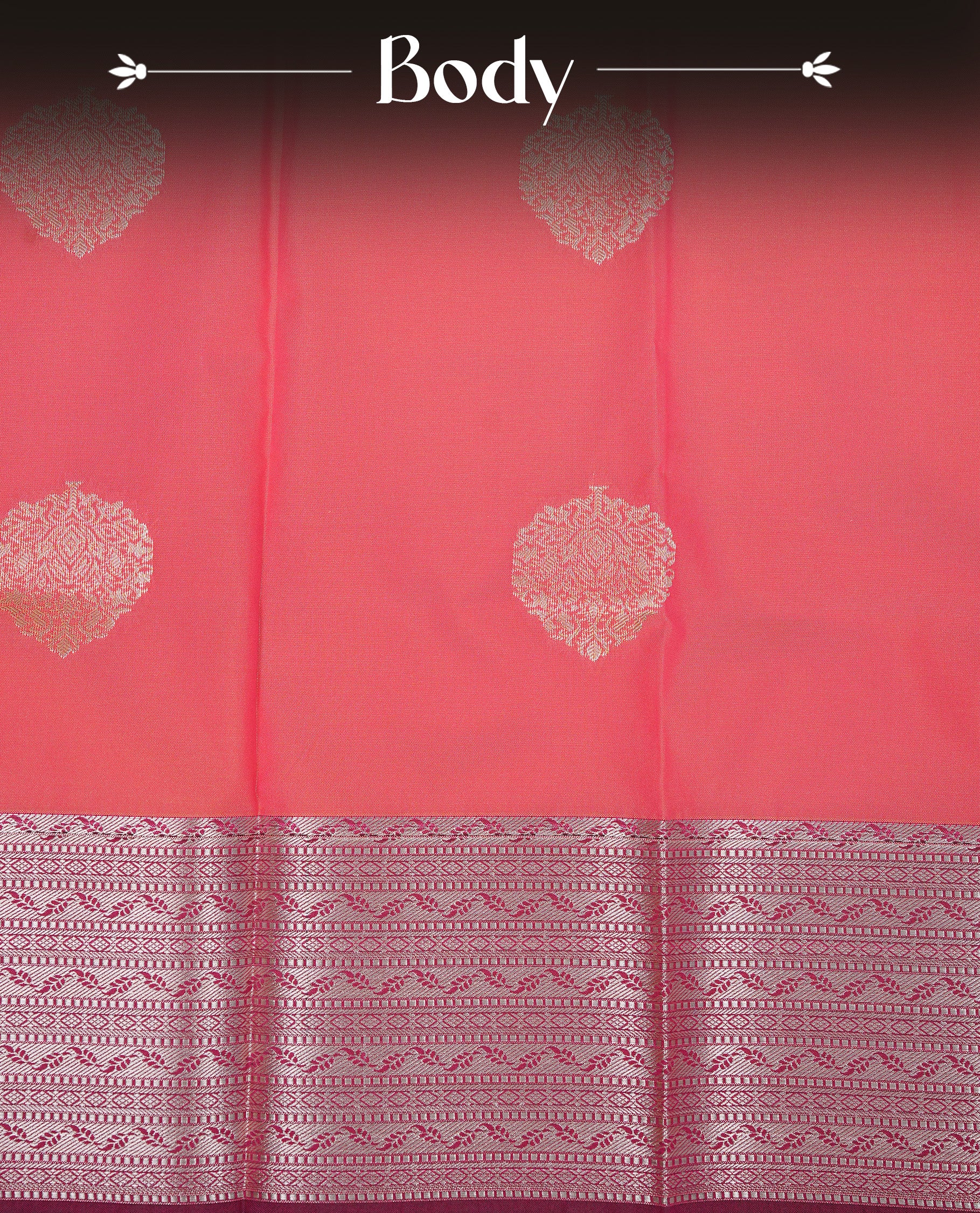 Orange colour Semi silk saree Featuring gold zari motifs on body, complemented by contrast Maroon colour with gold zari border, paired with matching blouse piece.