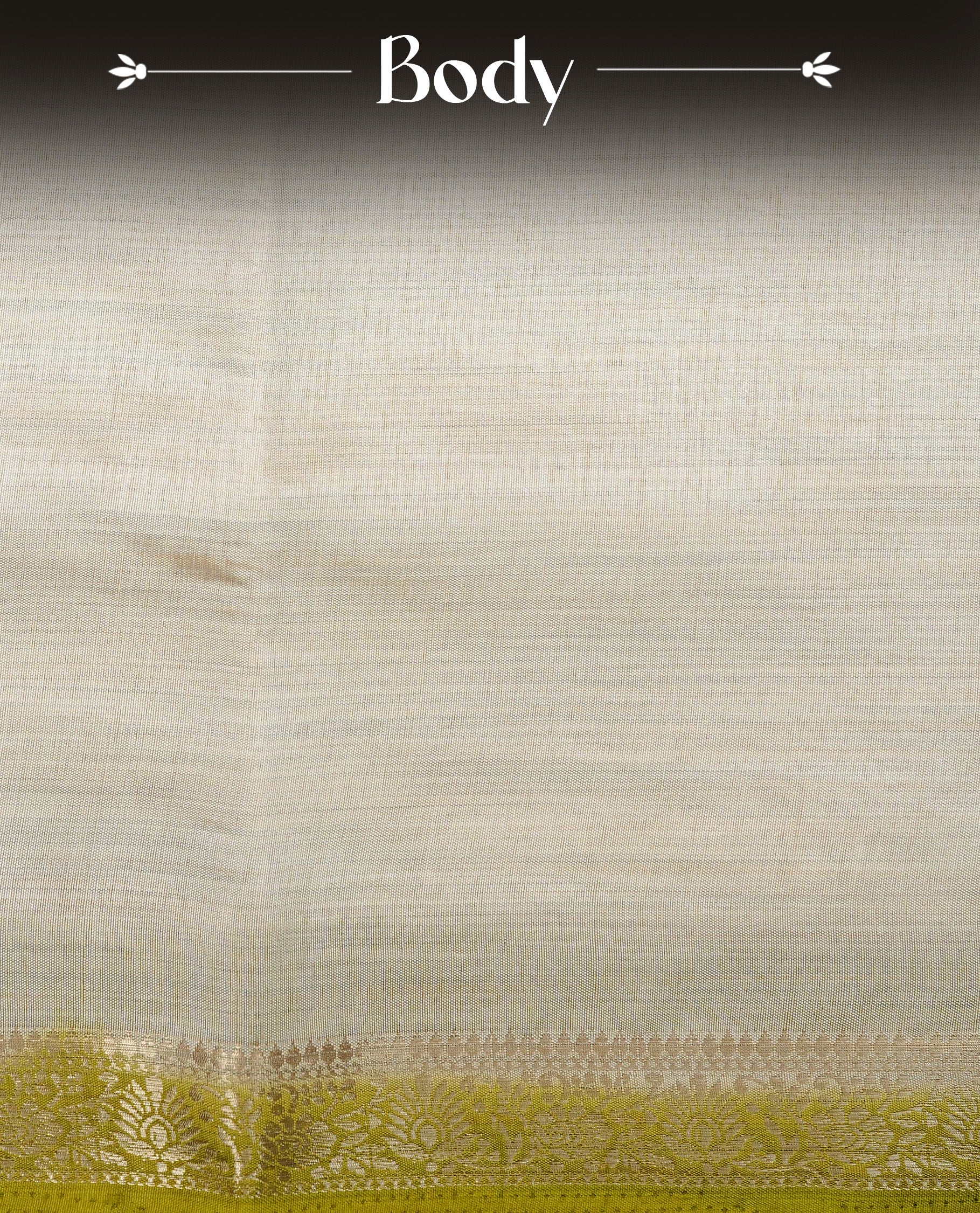 Light gold Colour Tussar saree featuring elegant plain body, complemented by contrast Olive colour with zari work border, comes with matching blouse piece.