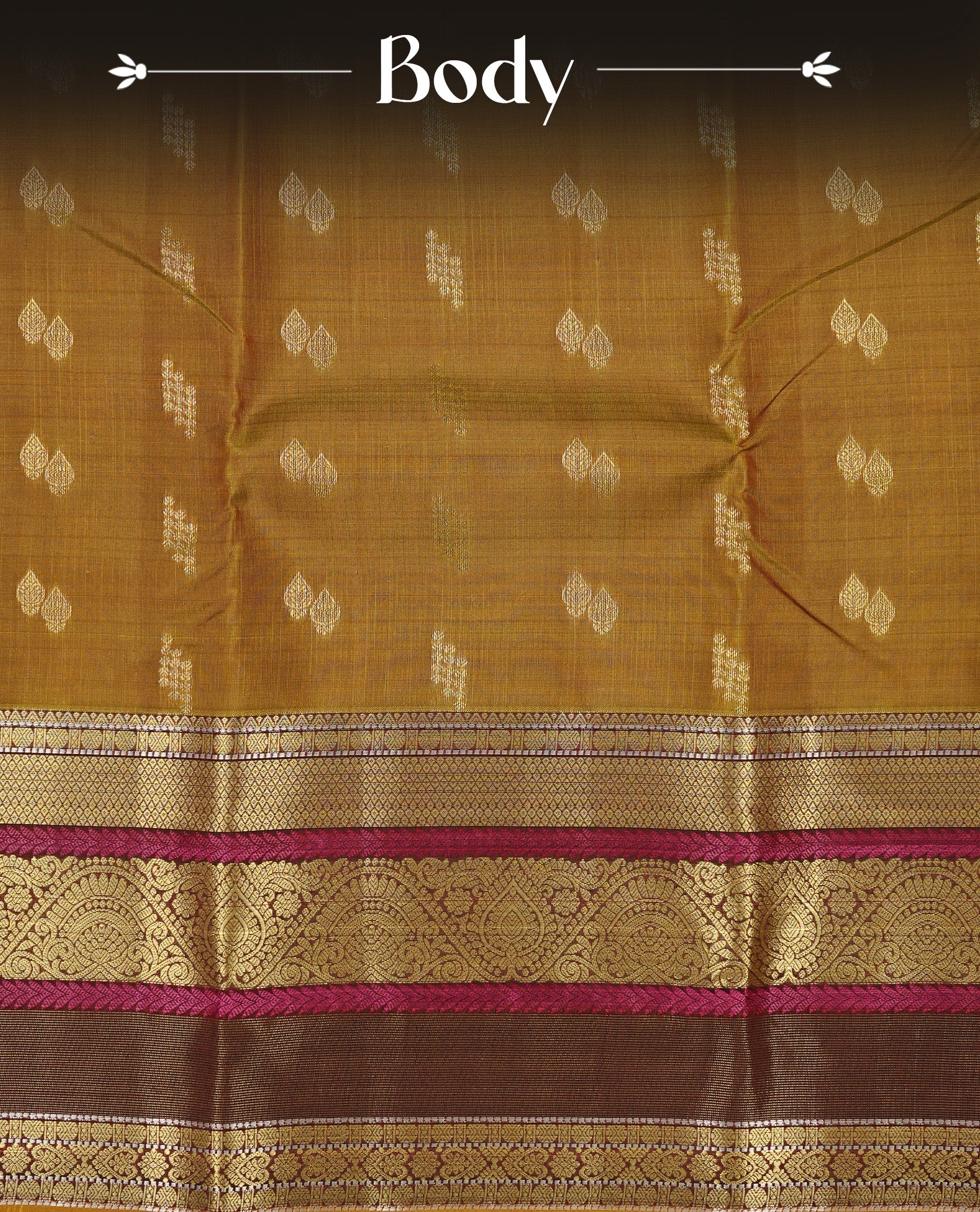Olive Colour Traditional Kancheepuram Silk Saree Featuring Gold Zari Motifs on Body, Complemented By Self colour with Traditional zari & purple border, paired with matching blouse piece.
