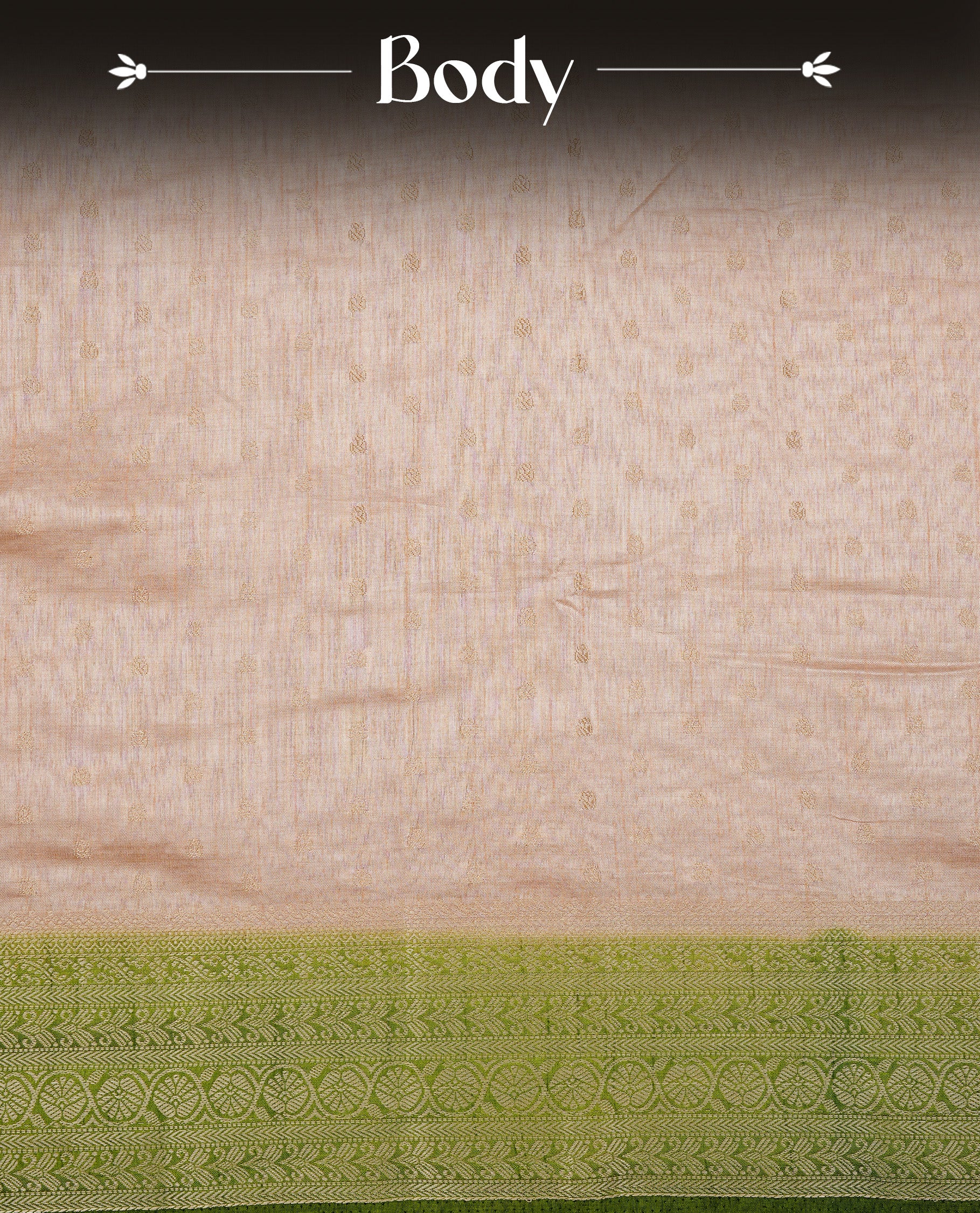 Cream colour Semi Tussar silk saree featuring an Gold zari motifs on body, accentuated by a contrast Green border adorned with intricate gold zari work, paired with a matching blouse piece.