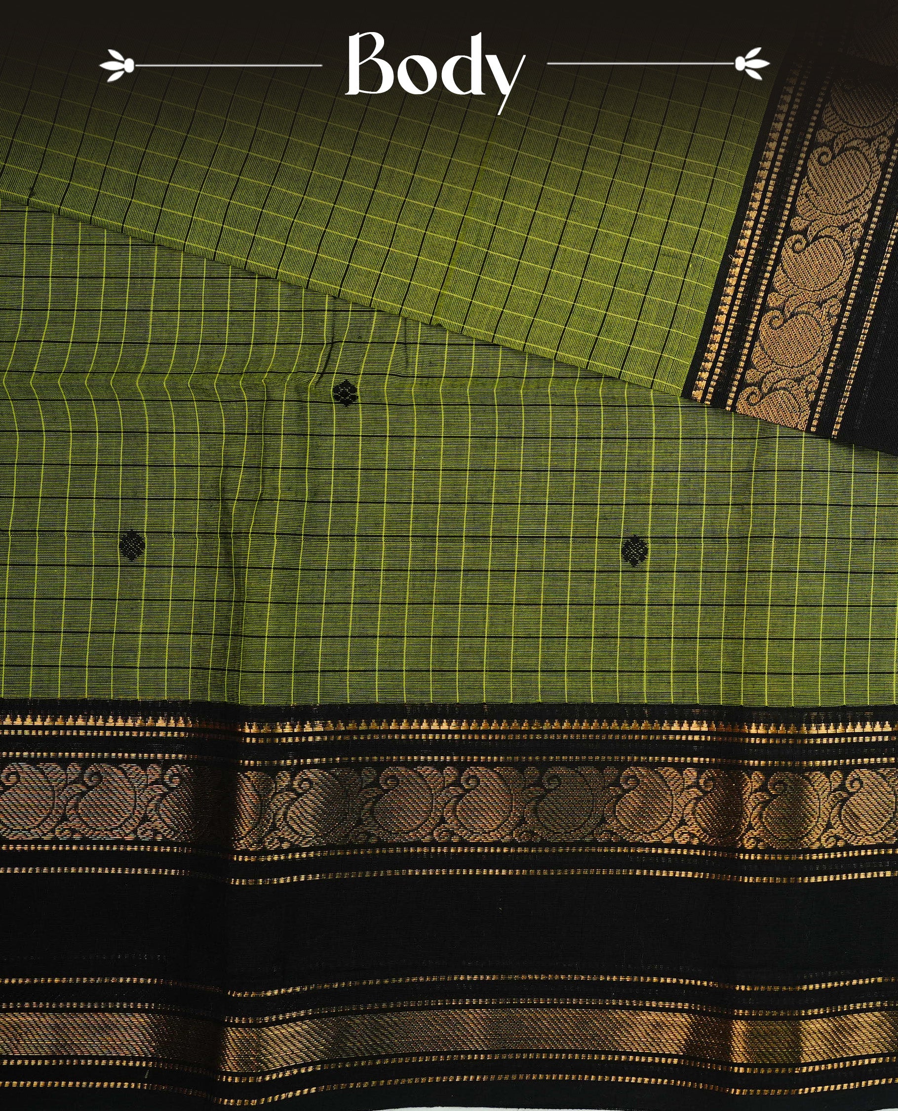 Green colour Chettinad cotton saree featuring Black check pattern on body, complemented by Contrast Black colour With gold zari mango patterned border, paired with matching blouse piece.