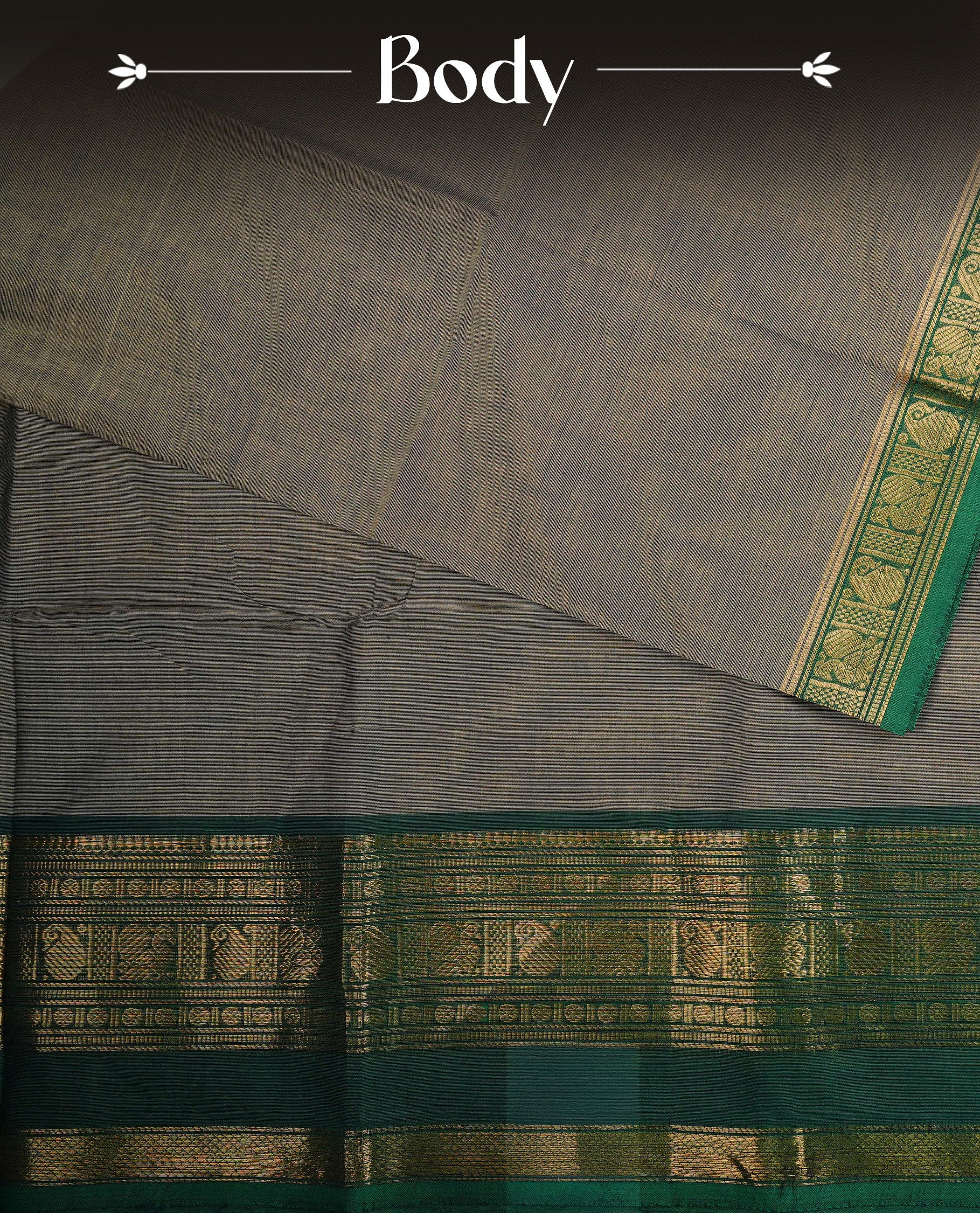 Grey  colour chettinad cotton saree featuring  Plain body, complemented by  Green Colour With Gold Zari border, paired with matching blouse piece.