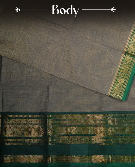 Grey  colour chettinad cotton saree featuring  Plain body, complemented by  Green Colour With Gold Zari border, paired with matching blouse piece.
