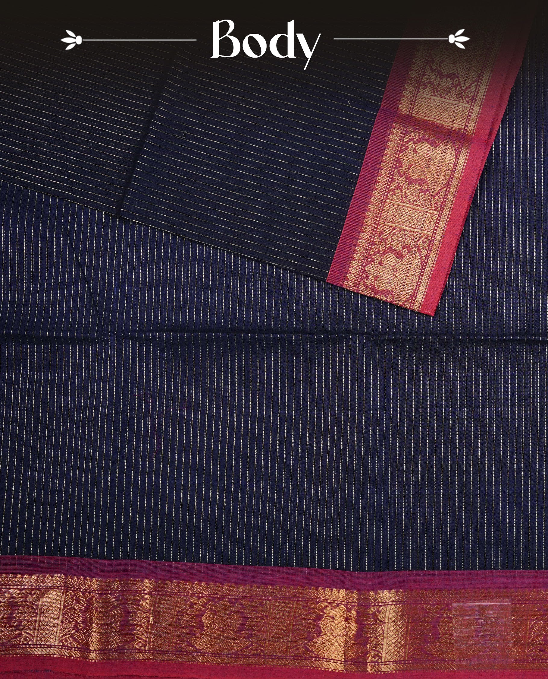 Navy Blue  colour chettinad cotton saree featuring  Gold Stripes on body, complemented by Contrast  Colour With Gold Zari border, paired with matching blouse piece.