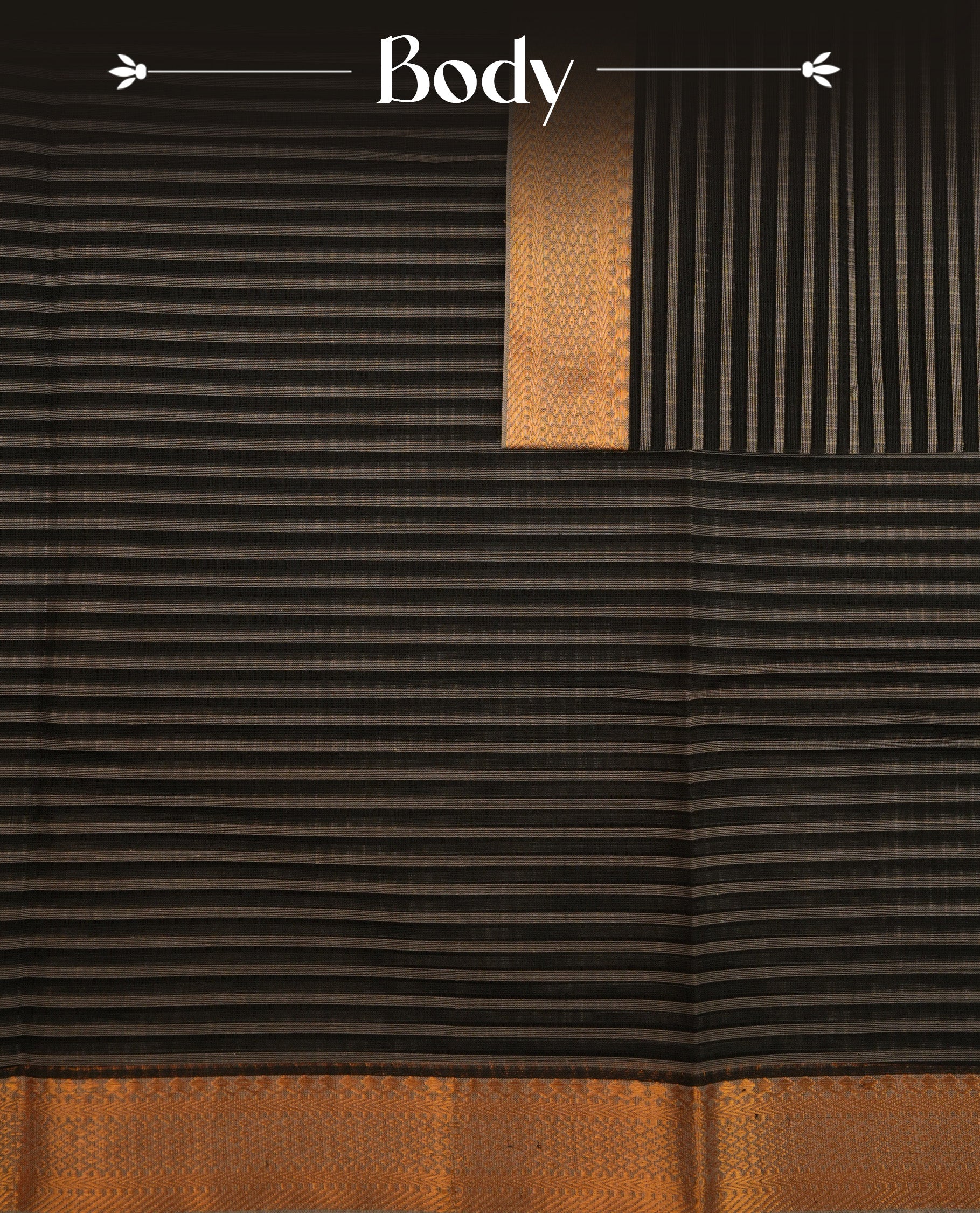 Grey  Colour Mangalagiri cotton saree featuring elegant Black stripes Across The Body , a Two Inch Gold  zari border & Gold Zari Pallu, Paired With a matching blouse piece.