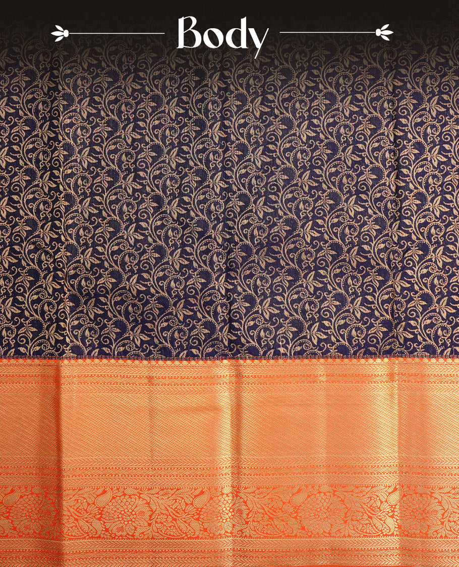 Magenta colour semi wedding saree featuring gold zari floral kodi pattern on body, complemented by contrast chocolate with traditional border, paired with matching blouse piece.