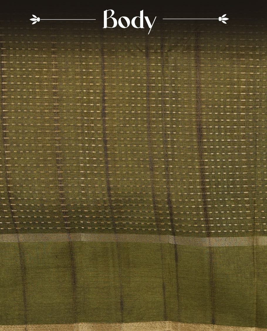 Olive green colour semi tussar silk saree highlighting gold zari dotted stripes, self colour border and contrast dark olive green pallu and comes with matching blouse piece.