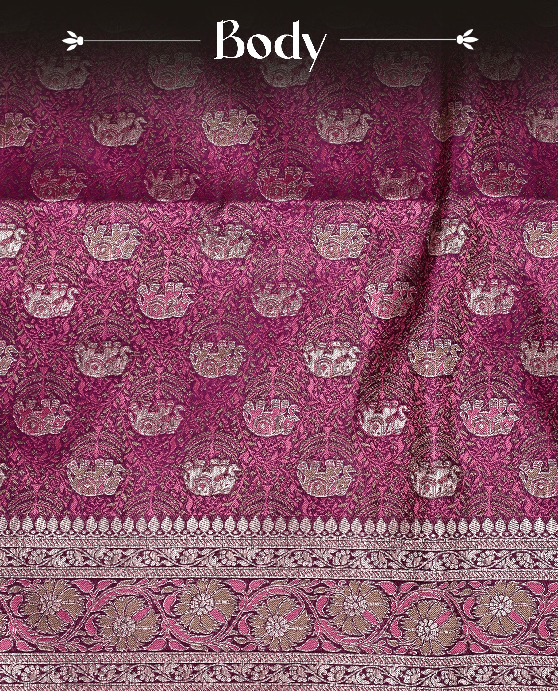 Deep purple colour Mulberry silk saree featuring gold zari elephant & floral kodi pattern across body, complemented by self colour border with gold zari work, comes with matching blouse piece.