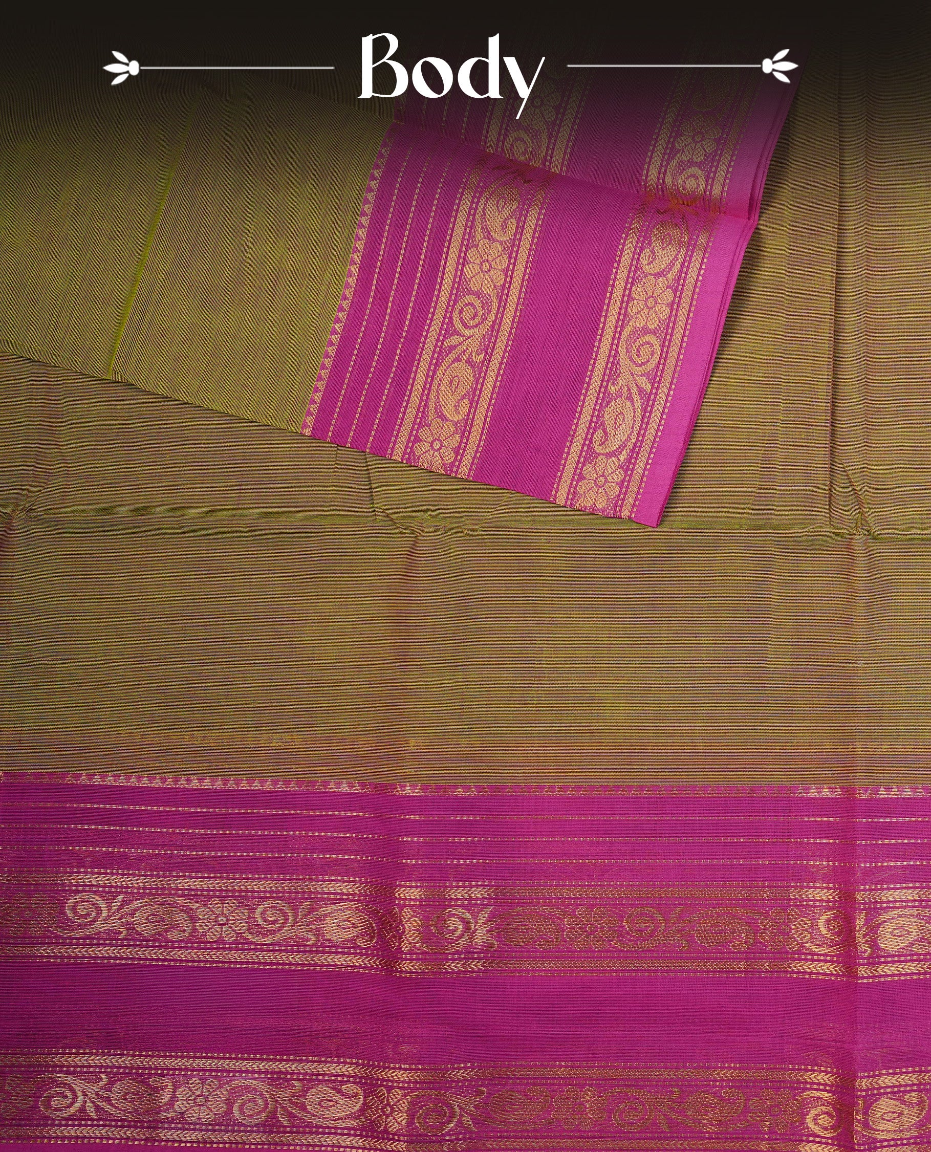 Olive & Pink Dual colour chettinad cotton saree featuring Plain body, complemented by Contrast Pink  Colour With Gold Zari border, paired with matching blouse piece.