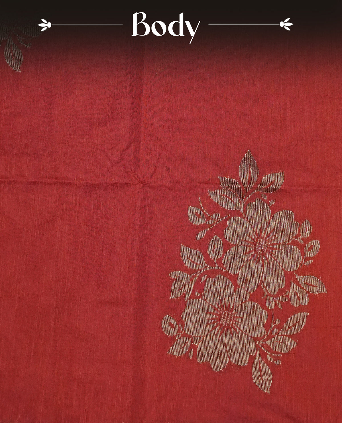 Dark Rust Brown  colour semi linen saree with elegant gold zari Floral motifs across the body, complemented by a contrast colour with grand gold zari pallu and a borderless design, paired with a matching blouse piece.