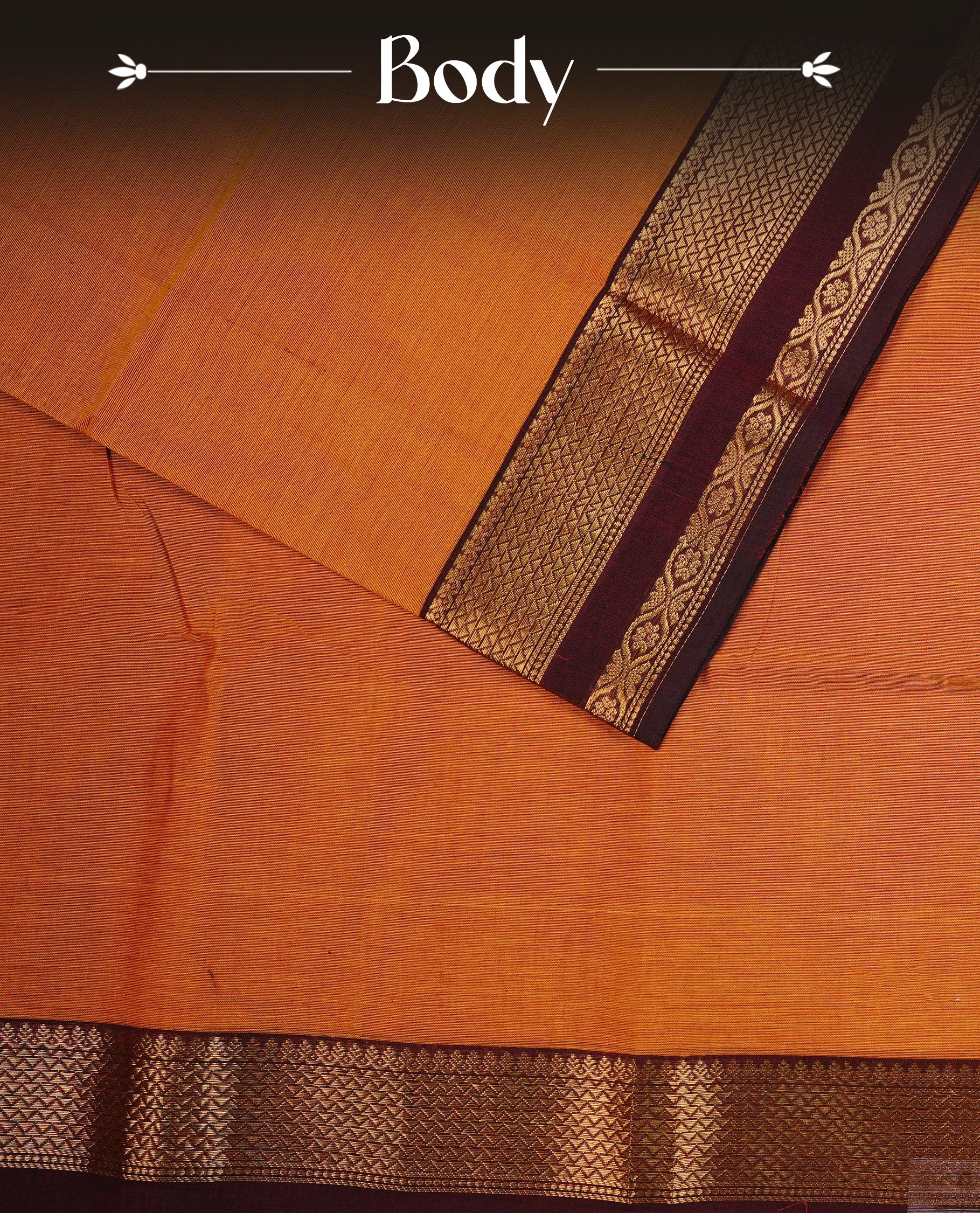 Rust Orange colour chettinad cotton saree featuring  Plain body, complemented by Contrast Maroon Colour With Gold Zari border, paired with matching blouse piece.