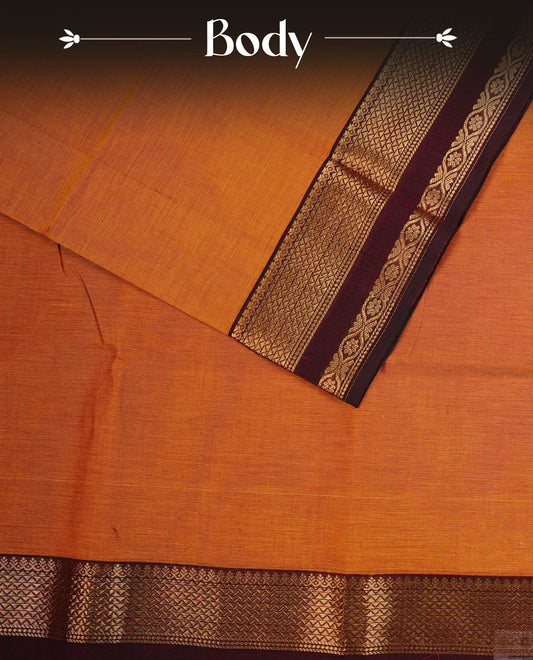 Rust Orange colour chettinad cotton saree featuring  Plain body, complemented by Contrast Maroon Colour With Gold Zari border, paired with matching blouse piece.